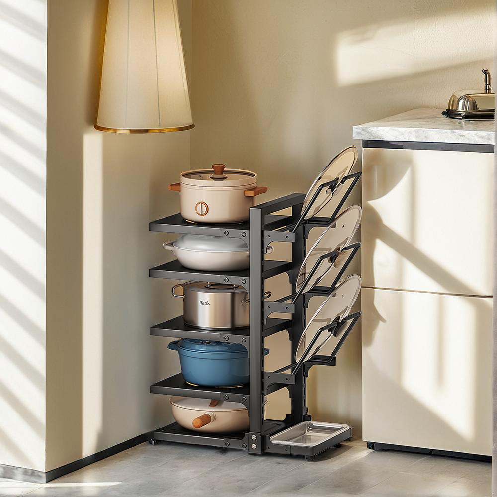 TEMU 5-tier Kitchen Storage Rack For Pots & Pans, Heavy Duty Carbon Steel Organizer With Non-slip Dividers - Space Saving Design Fits