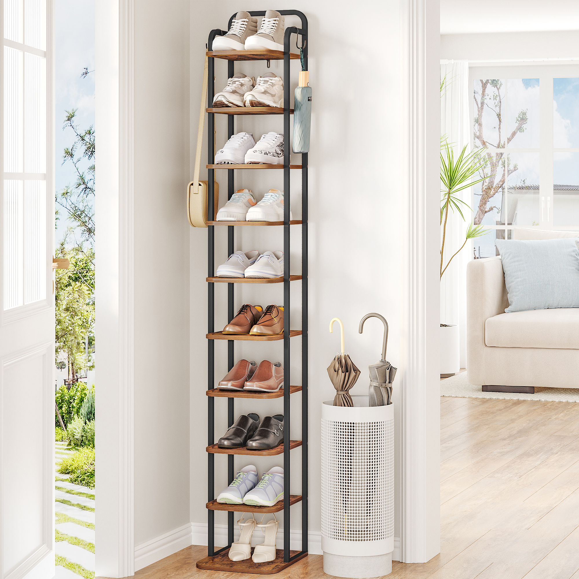 TEMU Vertikales Schuhregal, Schuhregale, Schuhturm für kleine Räume, Freistehend, Verstellbar, Platzsparend, 10-Stöckige, Braun und Schwarz