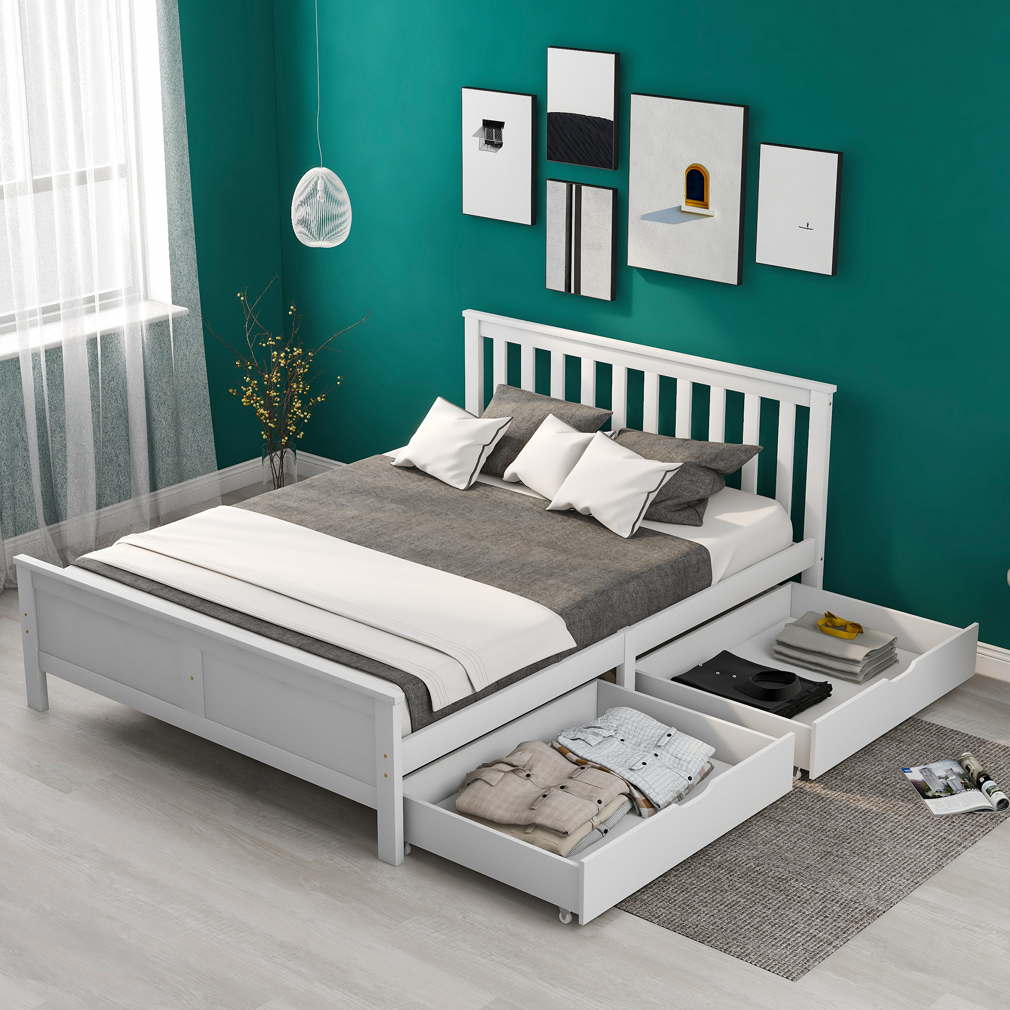 4FT6 Bed Frame Double Storage Bed With 2 Drawers, Bed Furniture Frame For Home Bedroom Guest Bedroom Dration