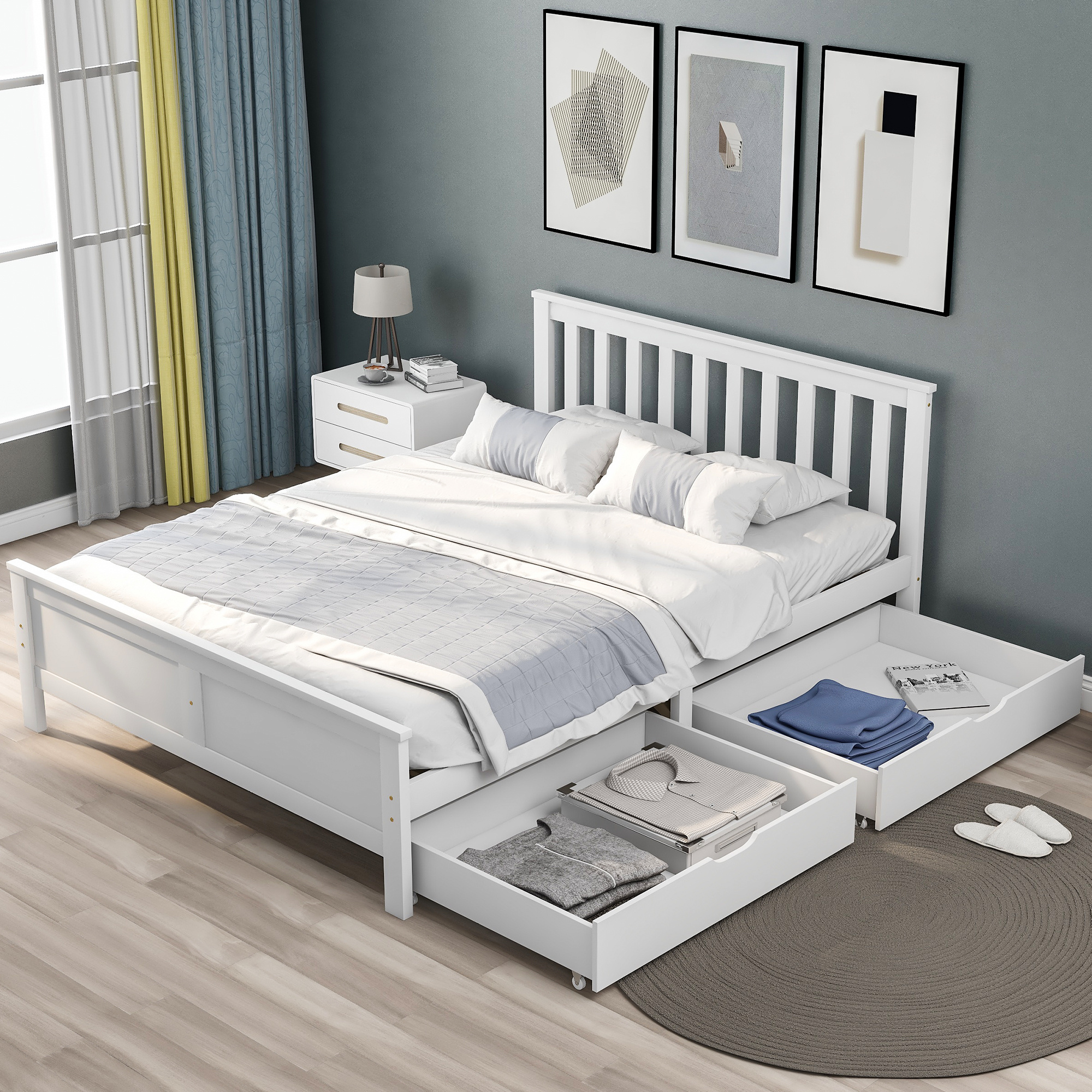 4FT6 Bed Frame Double Storage Bed With 2 Drawers, Bed Furniture Frame For Home Bedroom Guest Bedroom Dration
