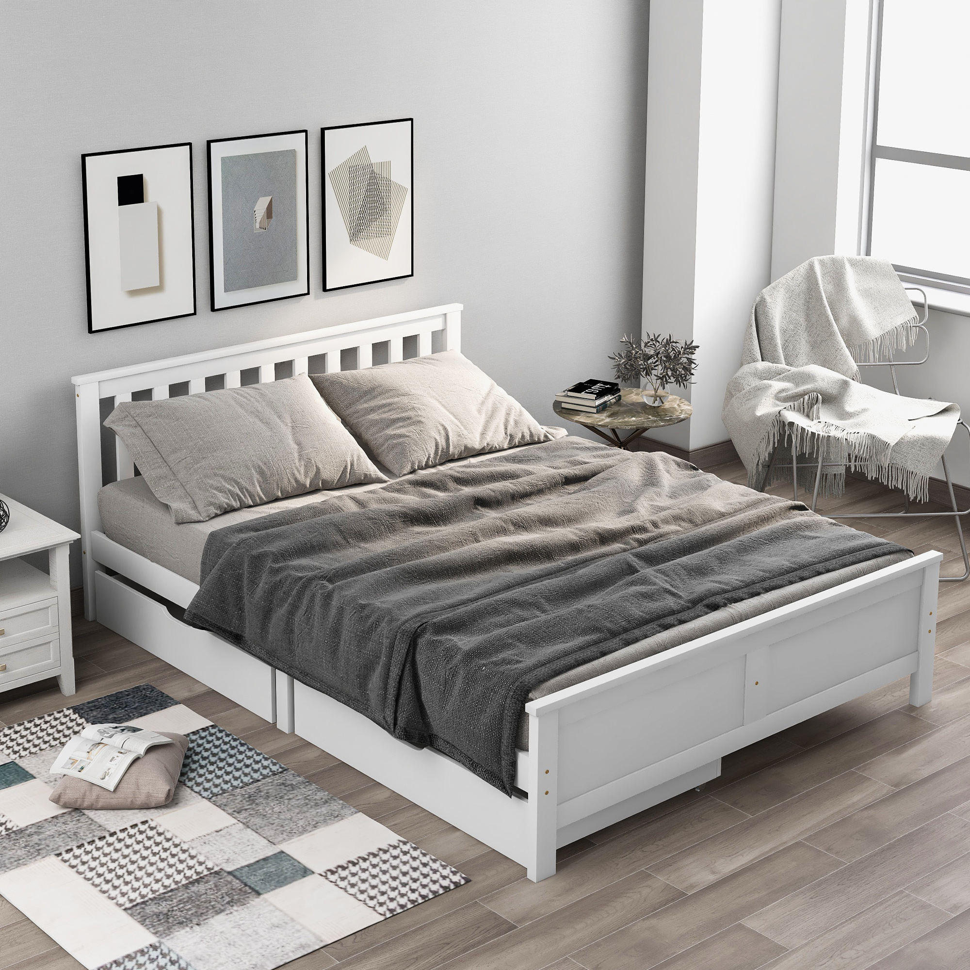 4FT6 Bed Frame Double Storage Bed With 2 Drawers, Bed Furniture Frame For Home Bedroom Guest Bedroom Dration