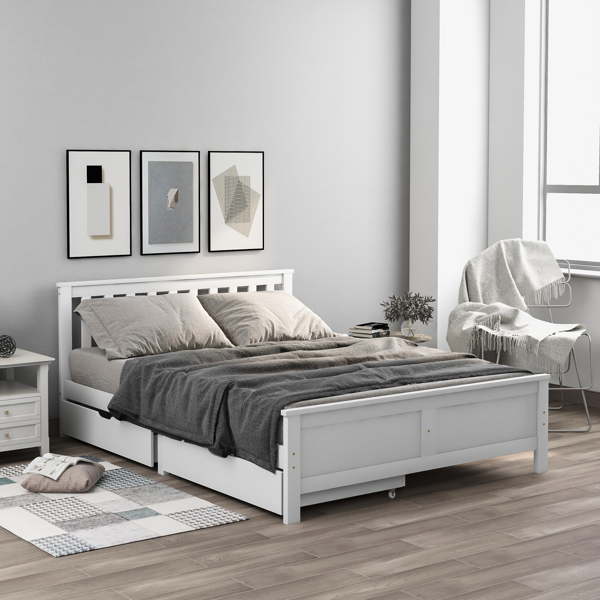 4FT6 Bed Frame Double Storage Bed With 2 Drawers, Bed Furniture Frame For Home Bedroom Guest Bedroom Dration