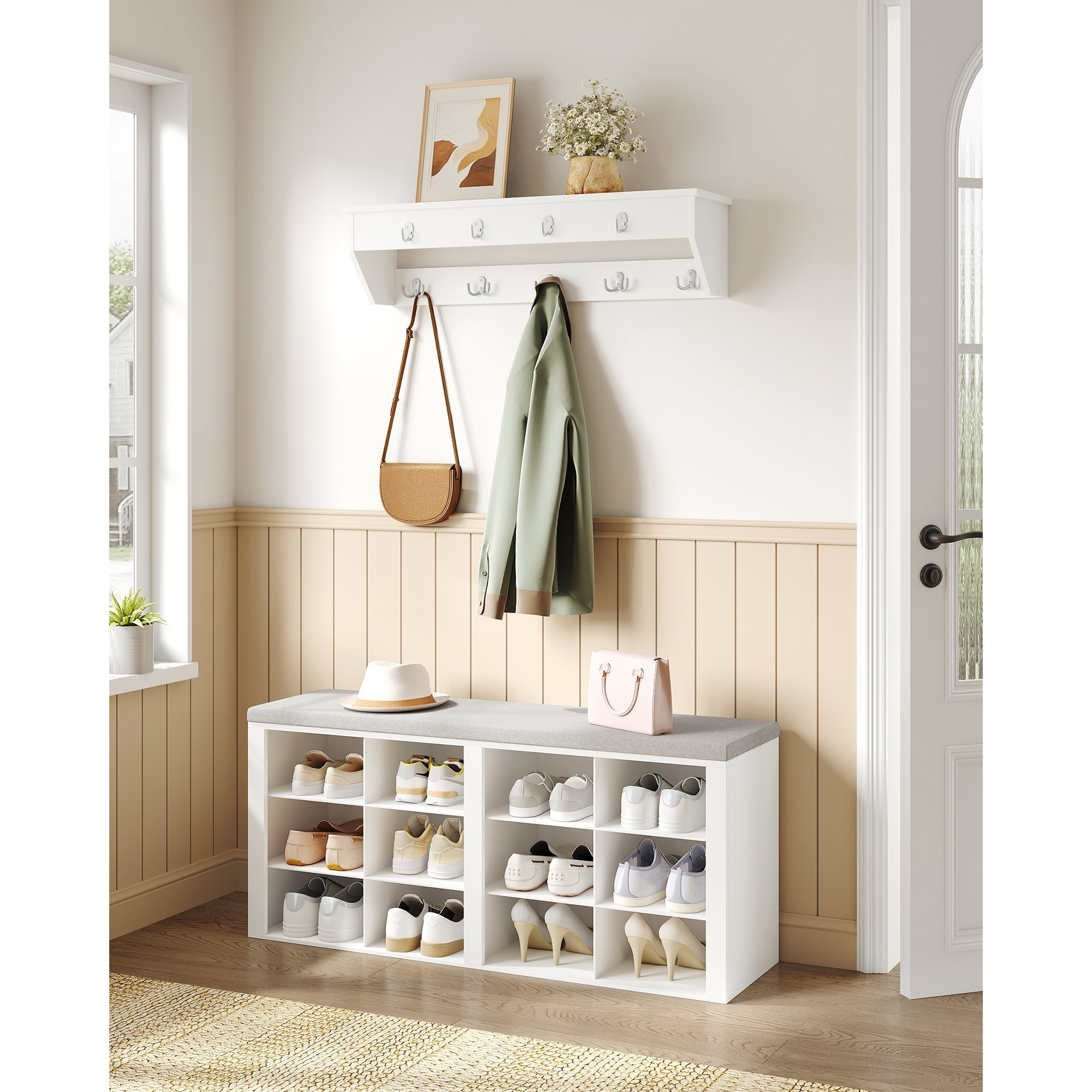 Image of Wardrobe With Bench, Shoe Bench With Seating Area, Entrance Bench 30 X 104 X 49 Cm, Wall Wardrobe With 9 Hooks Clothes Hooks For Living Room, Bedroom, Entrance Area, White-gray