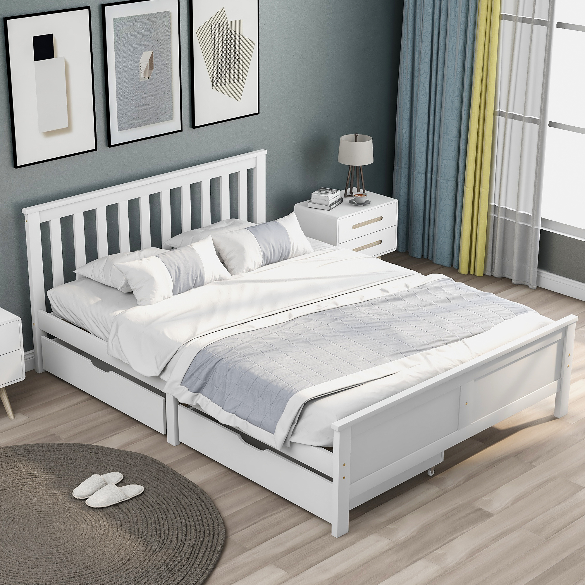 4FT6 Bed Frame Double Storage Bed With 2 Drawers, Bed Furniture Frame For Home Bedroom Guest Bedroom Dration