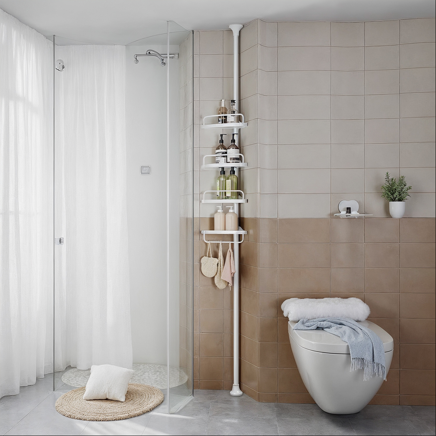 E-shop Duschregal, Eckregal Bad, mit 4 Ablagen, Badregal, Gesamthöhe 85-305 cm, höhenverstellbar, Badezimmer-Regal, Duschablage,Rostbeständiges