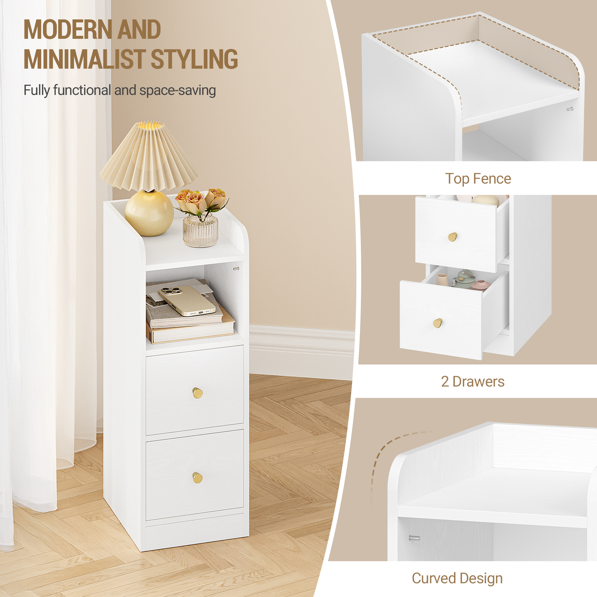 Image of Nightstand, Narrow Side Table With 2 Drawers, Nightstands With Open Compartment, Adjustable Drawer Position For Bedroom, Living Room, 30 X 24 Cm White, Suitable For Storage Area
