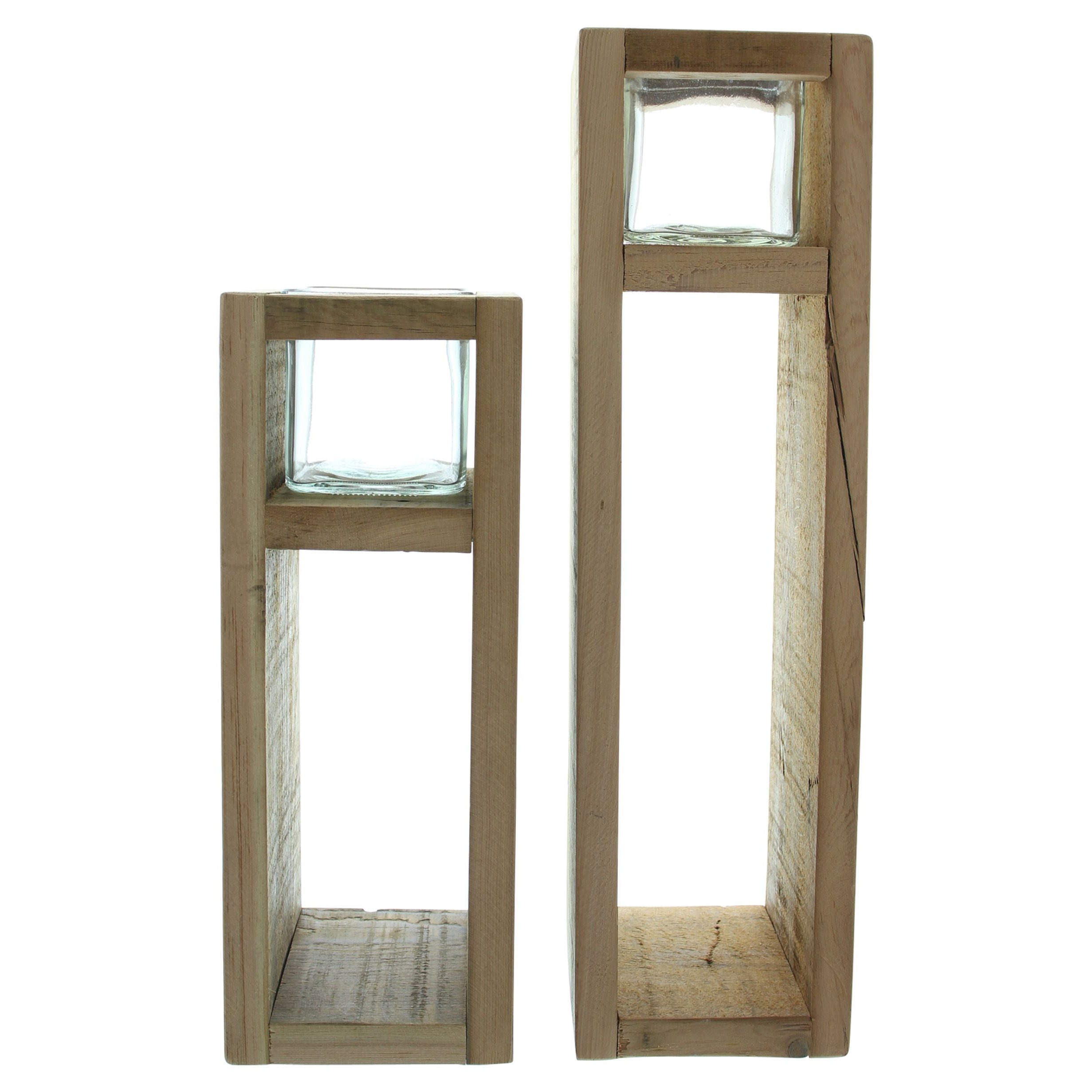 E-shop 2x Windlichtsäule "Wood" aus Holz & Glas, 30 + 40 cm hoch, Kerzenhalter, Deko Kerzenständer, Dekosäule für Wohnzimmer, Holzsäule mit Kerzenglas
