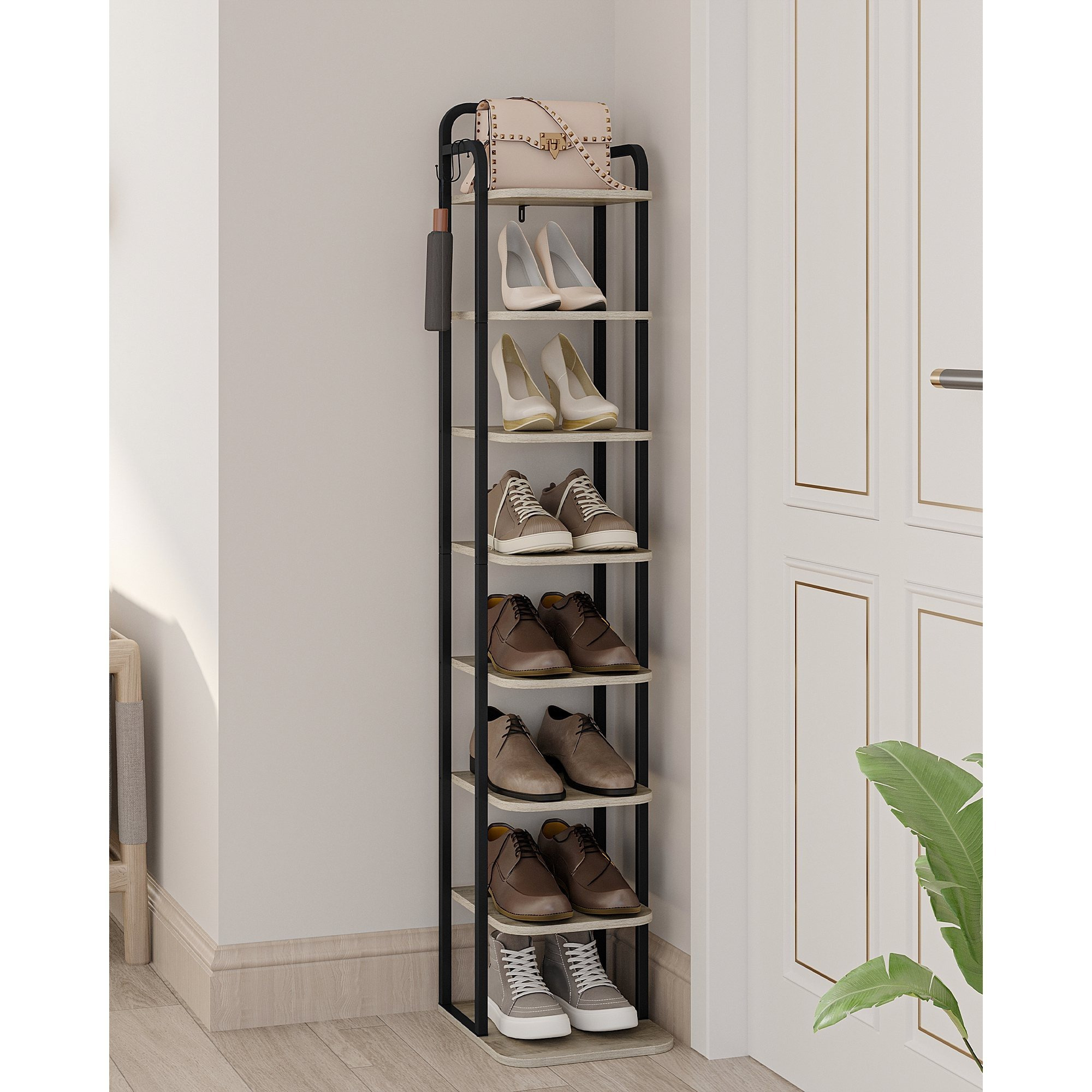 Image of Vertical Shoe Rack, Shoe Shelves, Shoe Tower For Small Spaces, Freestanding, Adjustable, Space-, 8-tier Brown And Black/light Ivory And Gold