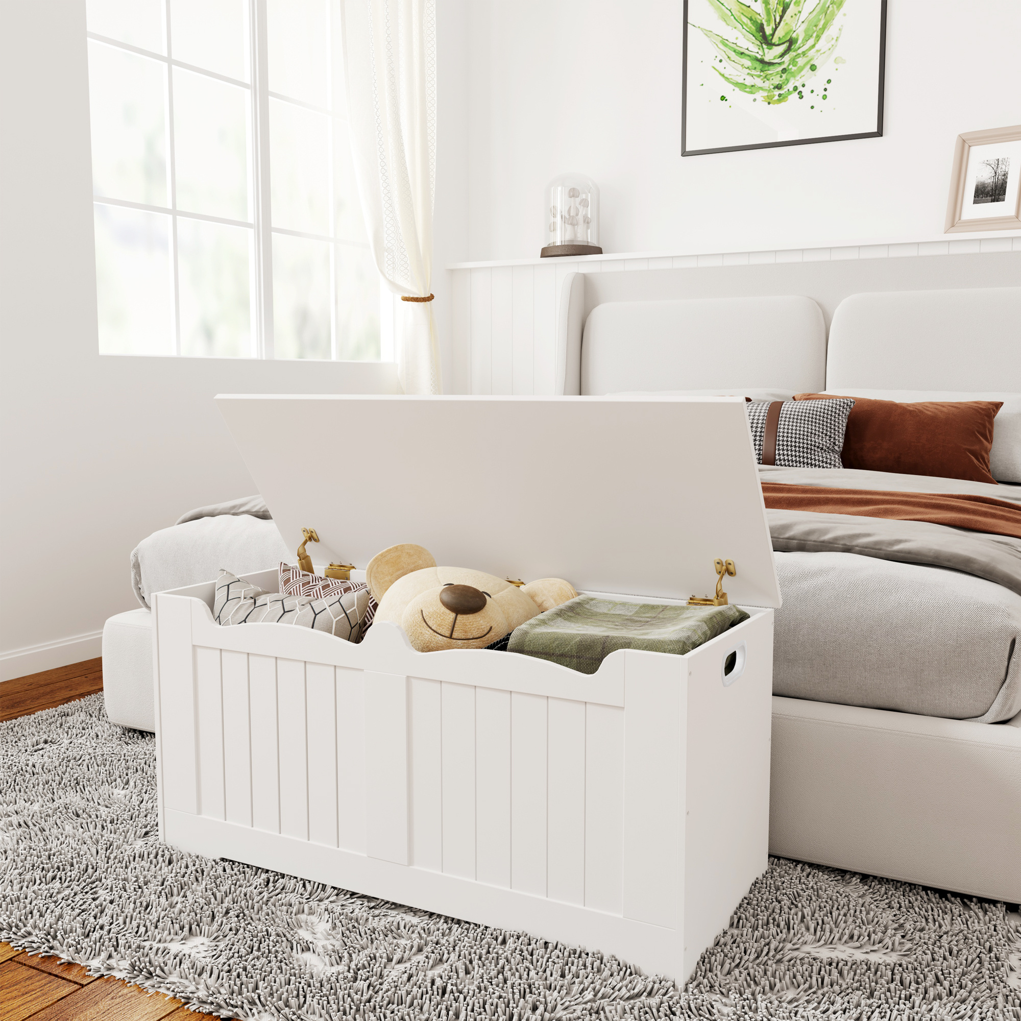 Image of Storage Bench With Storage, Bench With Storage, Storage Bench With 2 Safety Hinges, Storage Cabinet, 40 X 100 X 48 Cm, For Hallway, Bedroom, Living Room, White, Wardrobe Storage