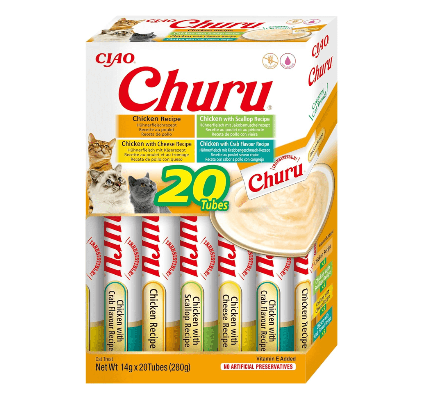 INABA Churu Box - Récompenses pour chats - Collations saines à base de thon, diverses saveurs - Texture crémeuse - Sans grains, conservateurs, colorants - 20X14G