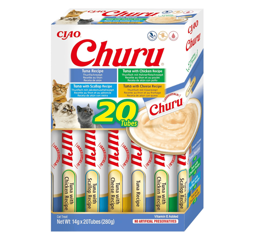 INABA Churu Box - Récompenses pour chats - Collations saines à base de thon, diverses saveurs - Texture crémeuse - Sans grains, conservateurs, colorants - 20X14G