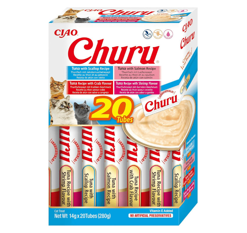 INABA Churu Box - Récompenses pour chats - Collations saines à base de thon, diverses saveurs - Texture crémeuse - Sans grains, conservateurs, colorants - 20X14G