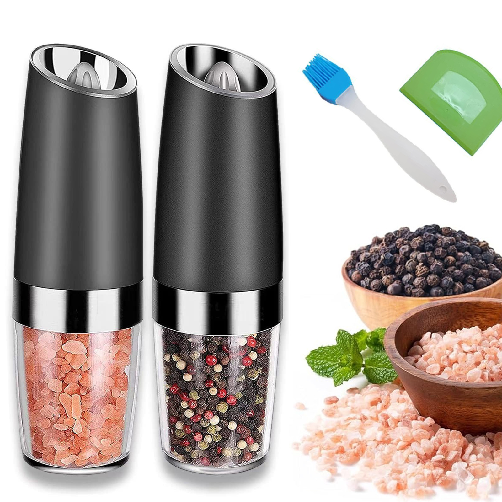 TEMU Salt And Pepper Mill Electric Set, Salt And Pepper Mill Electric Spice Grinder, Gravity Activated, Adjustable Grind, With Blue Led Light, Black,