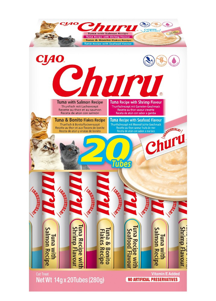 INABA Churu Box - Récompenses pour chats - Collations saines à base de thon, diverses saveurs - Texture crémeuse - Sans grains, conservateurs, colorants - 20X14G