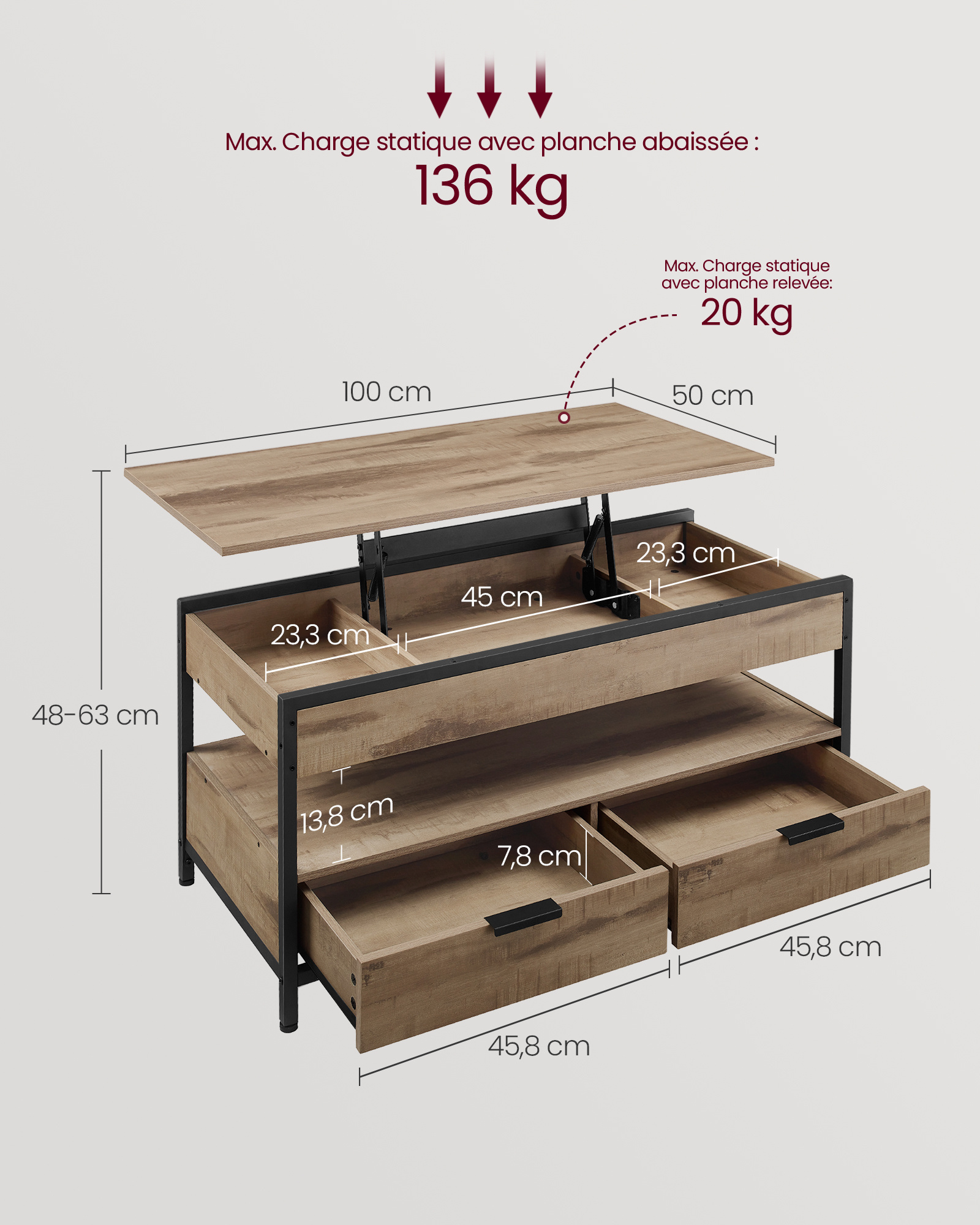 Table Basse Relevable, Table de Salon, avec Tiroirs, Compartiments Cachés et Étagère Ouverte
