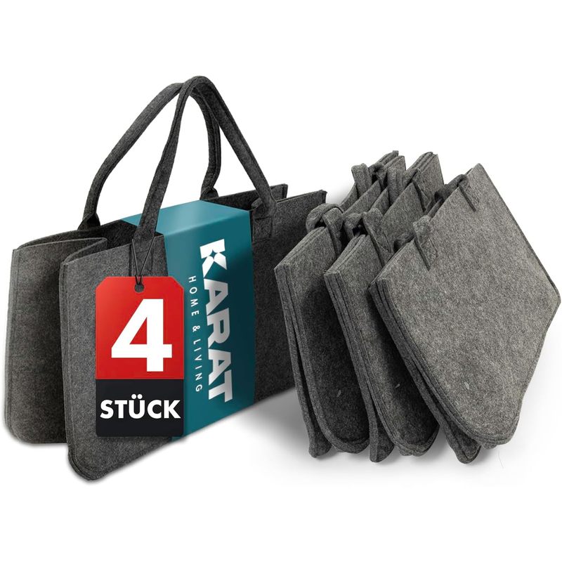 Image of Felt Basket Set Of 4 – Durable Felt Bag With Handles, Versatile As A Wooden Basket, Shopping Bag, Or Storage Basket – 30l Capacity, 50x25x25cm, Grey
