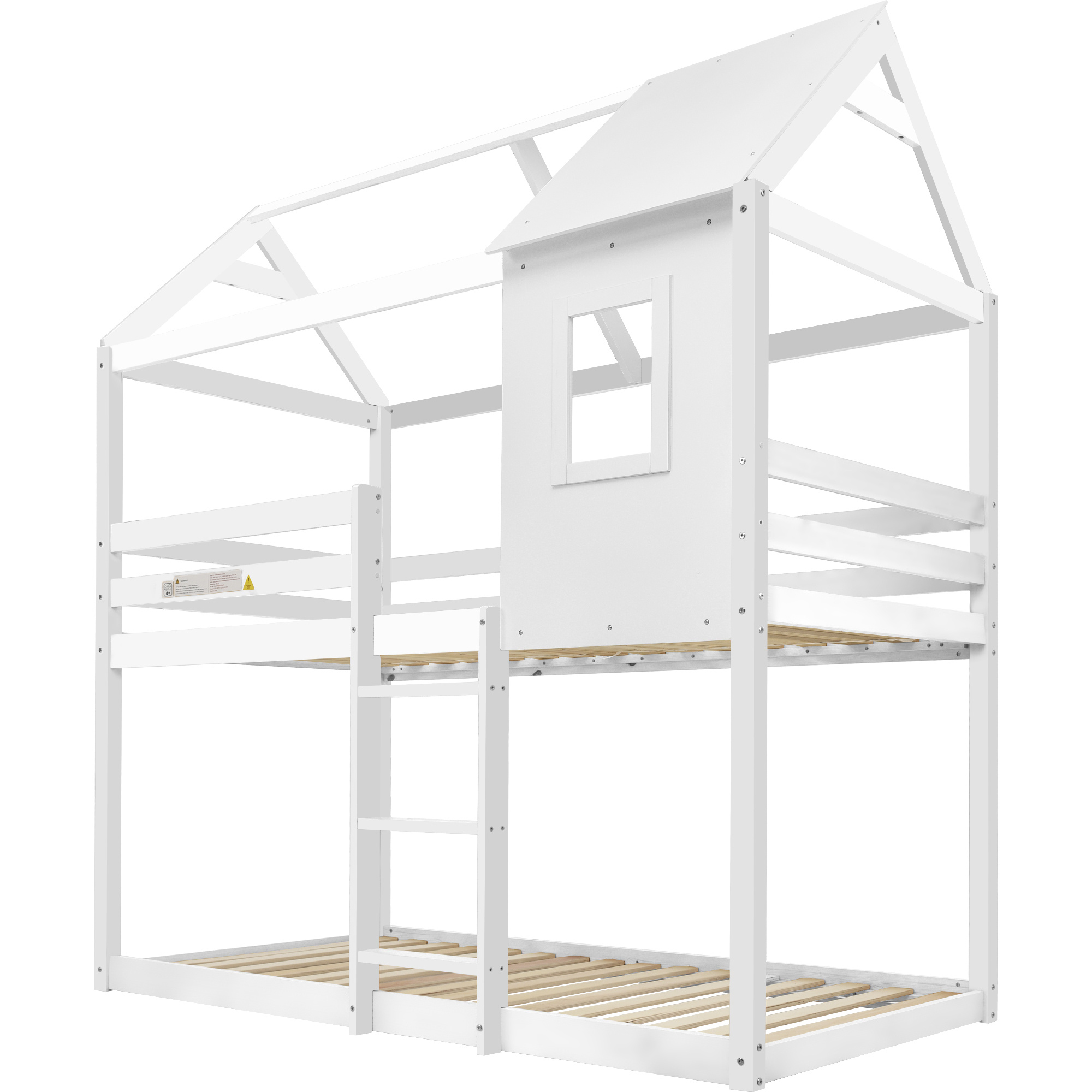 Bunk Bed, Wooden Bunk Beds with Ladder, Bunk Bed Frame, Wood House Loft Bed, Cabin Bed Frame, Treehouse Bed (White, 190x90cm)