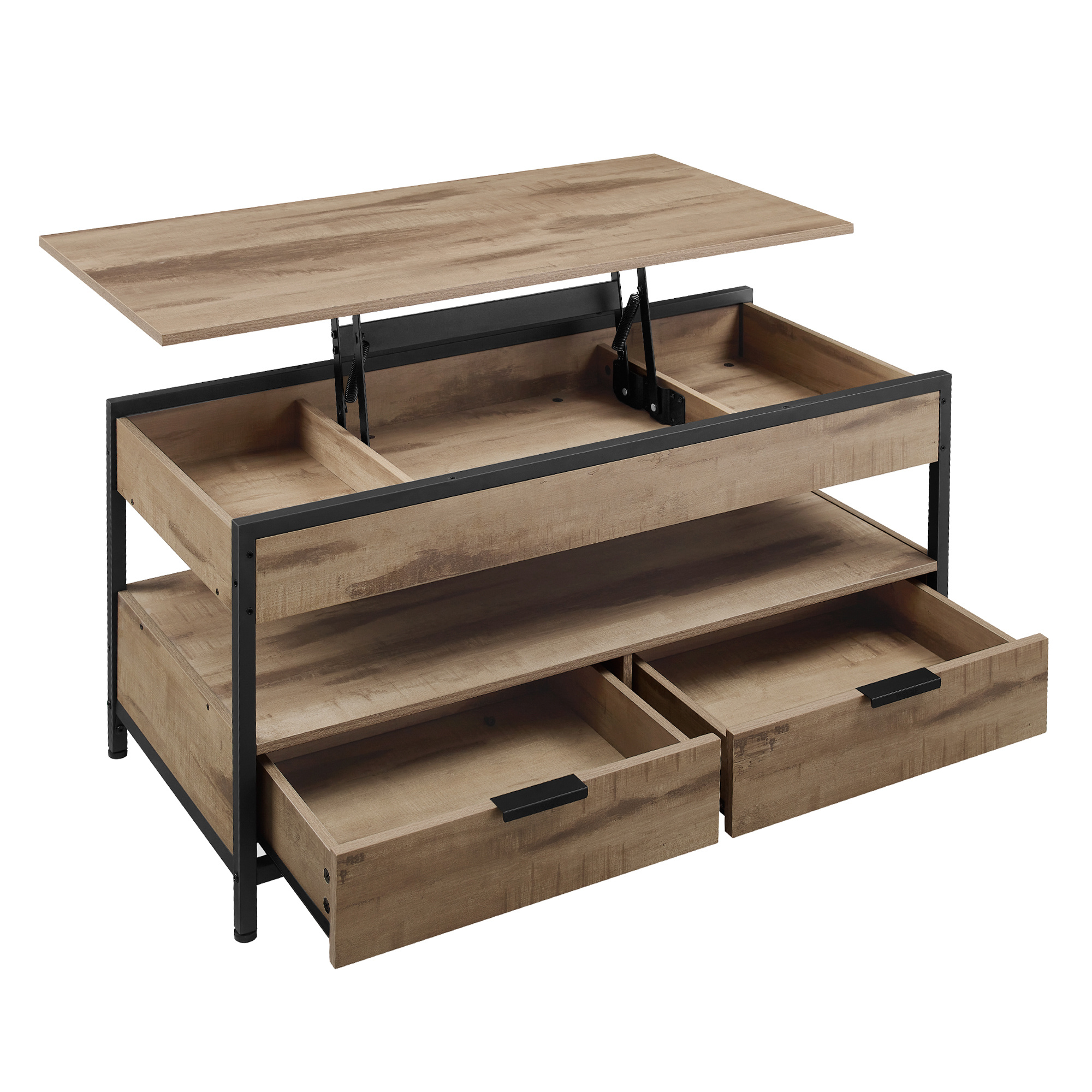 Table Basse Relevable, Table de Salon, avec Tiroirs, Compartiments Cachés et Étagère Ouverte