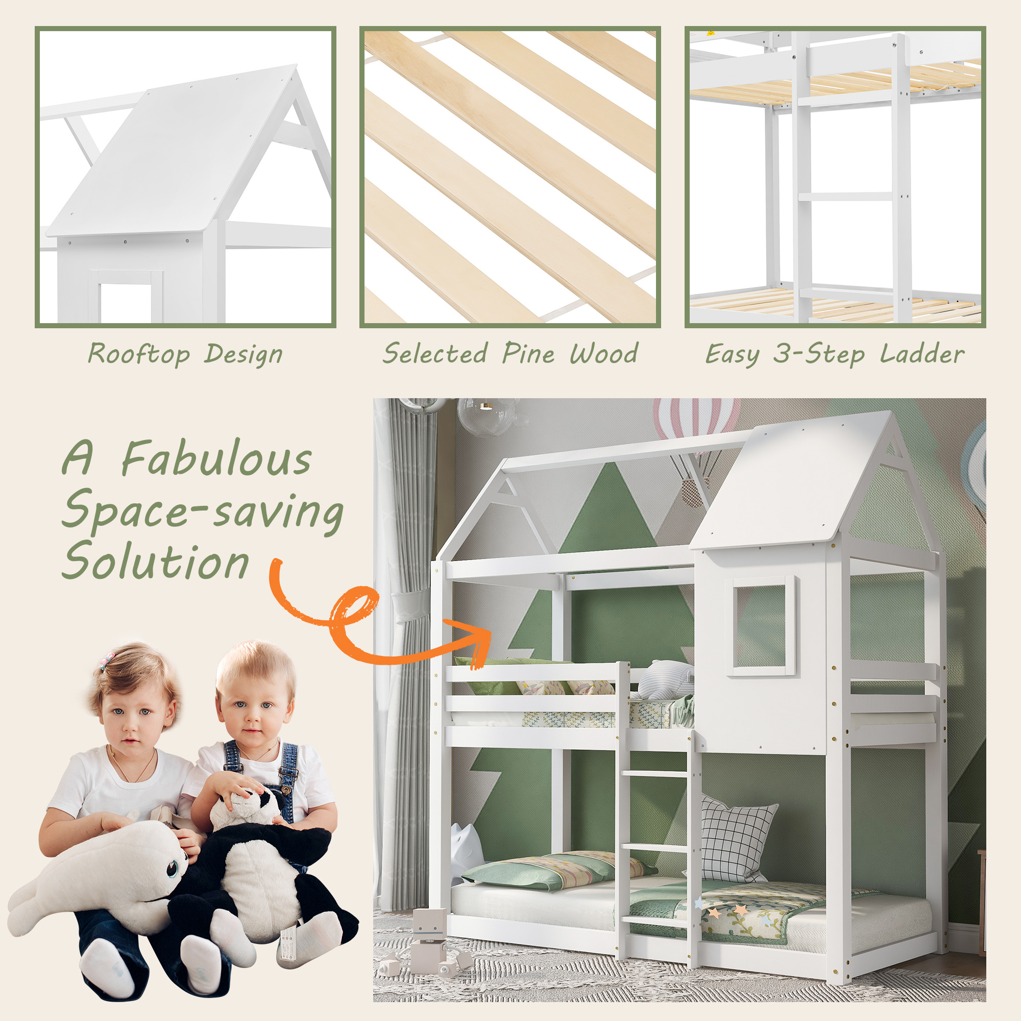 Bunk Bed, Wooden Bunk Beds with Ladder, Bunk Bed Frame, Wood House Loft Bed, Cabin Bed Frame, Treehouse Bed (White, 190x90cm)