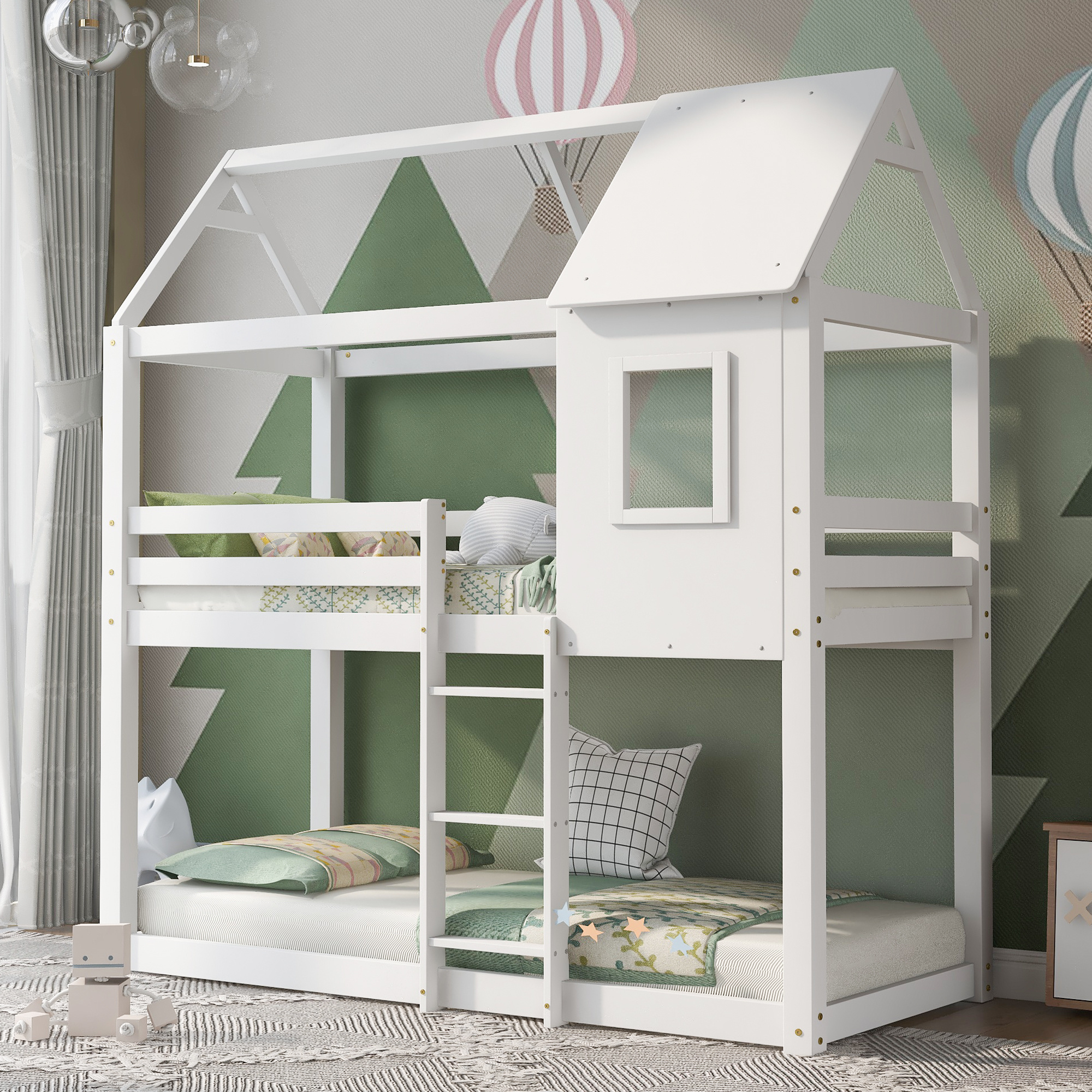 Bunk Bed, Wooden Bunk Beds with Ladder, Bunk Bed Frame, Wood House Loft Bed, Cabin Bed Frame, Treehouse Bed (White, 190x90cm)