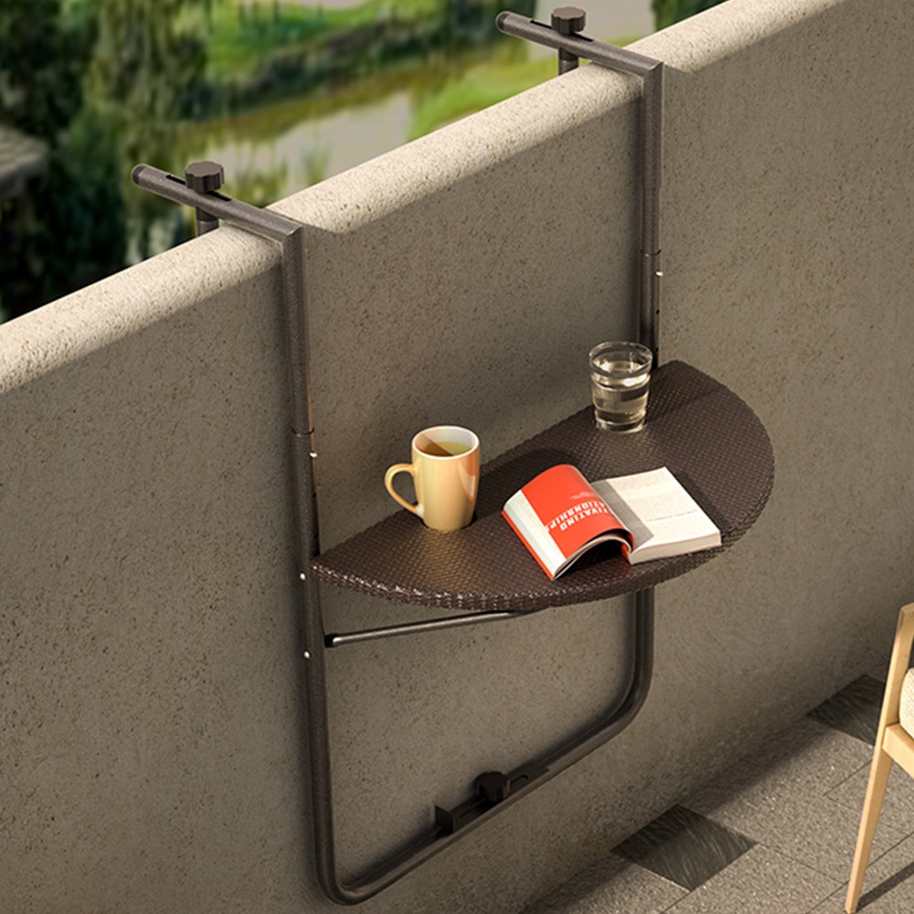 Bakaji Foldable Space- Adjustable Height Balcony Railing Table With Metal Frame, Polyrattan Top, And Cup Holder, 60x64cm