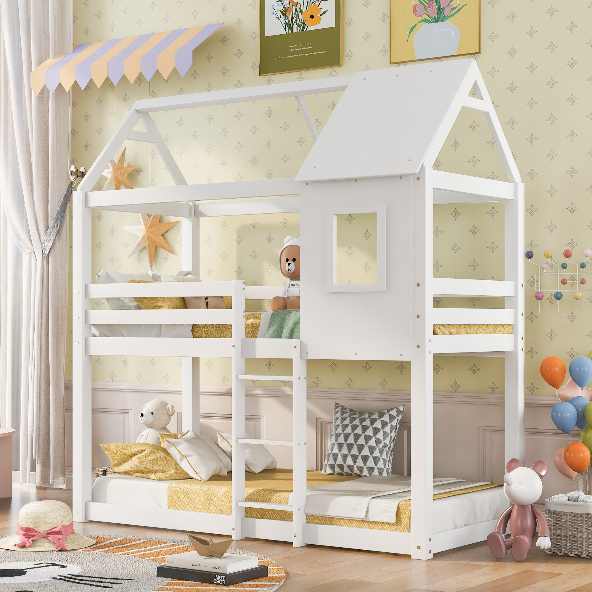 Bunk Bed, Wooden Bunk Beds with Ladder, Bunk Bed Frame, Wood House Loft Bed, Cabin Bed Frame, Treehouse Bed (White, 190x90cm)