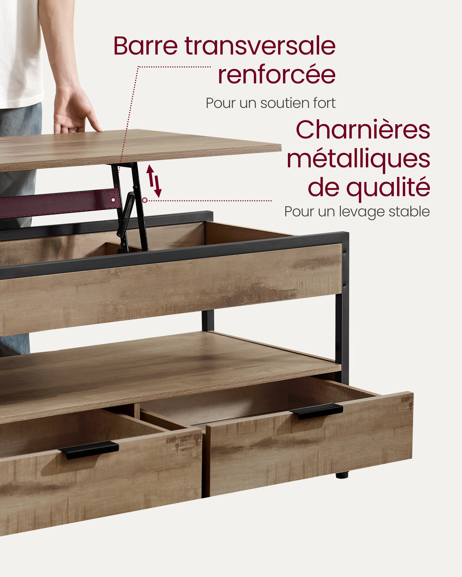 Table Basse Relevable, Table de Salon, avec Tiroirs, Compartiments Cachés et Étagère Ouverte