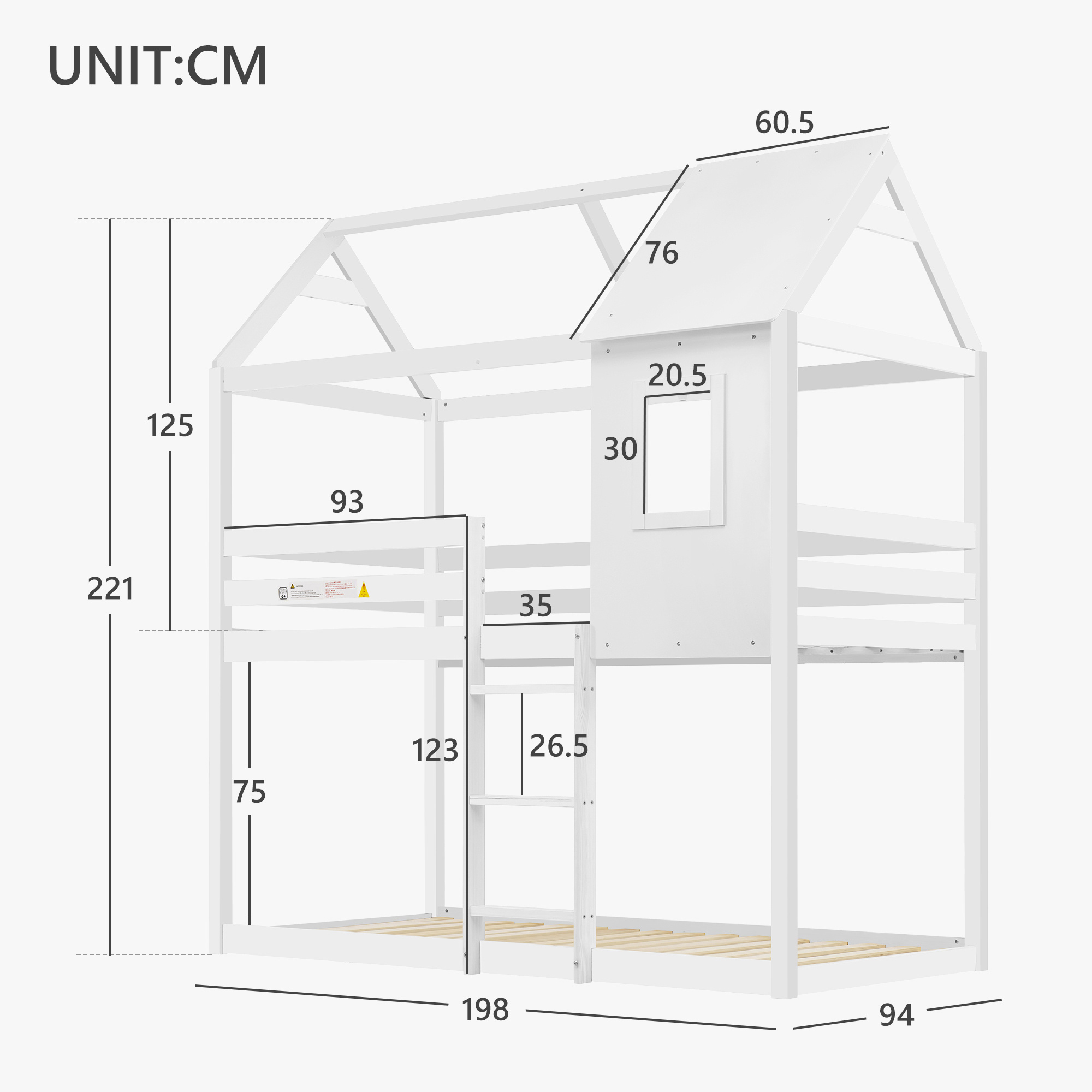 Bunk Bed, Wooden Bunk Beds with Ladder, Bunk Bed Frame, Wood House Loft Bed, Cabin Bed Frame, Treehouse Bed (White, 190x90cm)