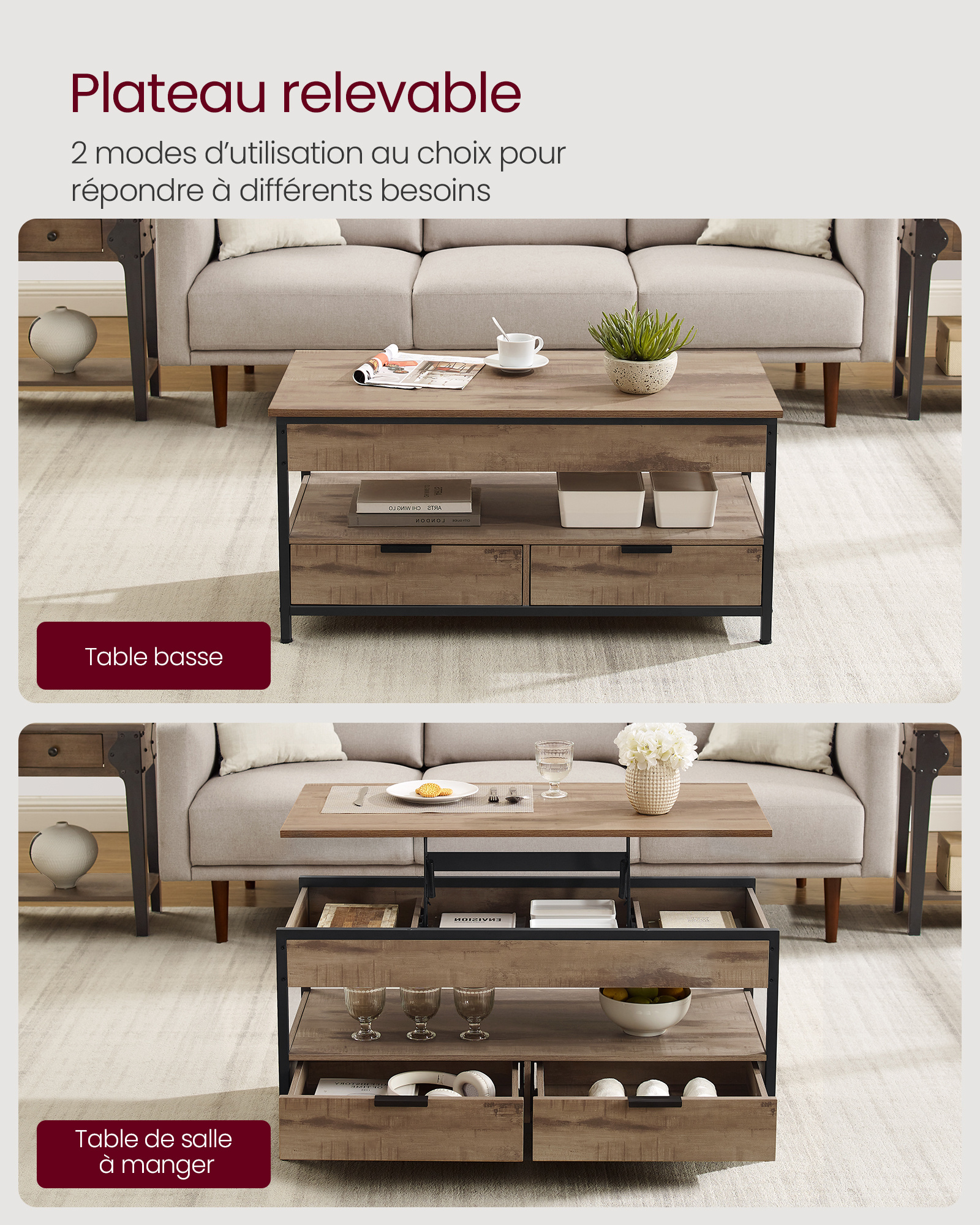 Table Basse Relevable, Table de Salon, avec Tiroirs, Compartiments Cachés et Étagère Ouverte