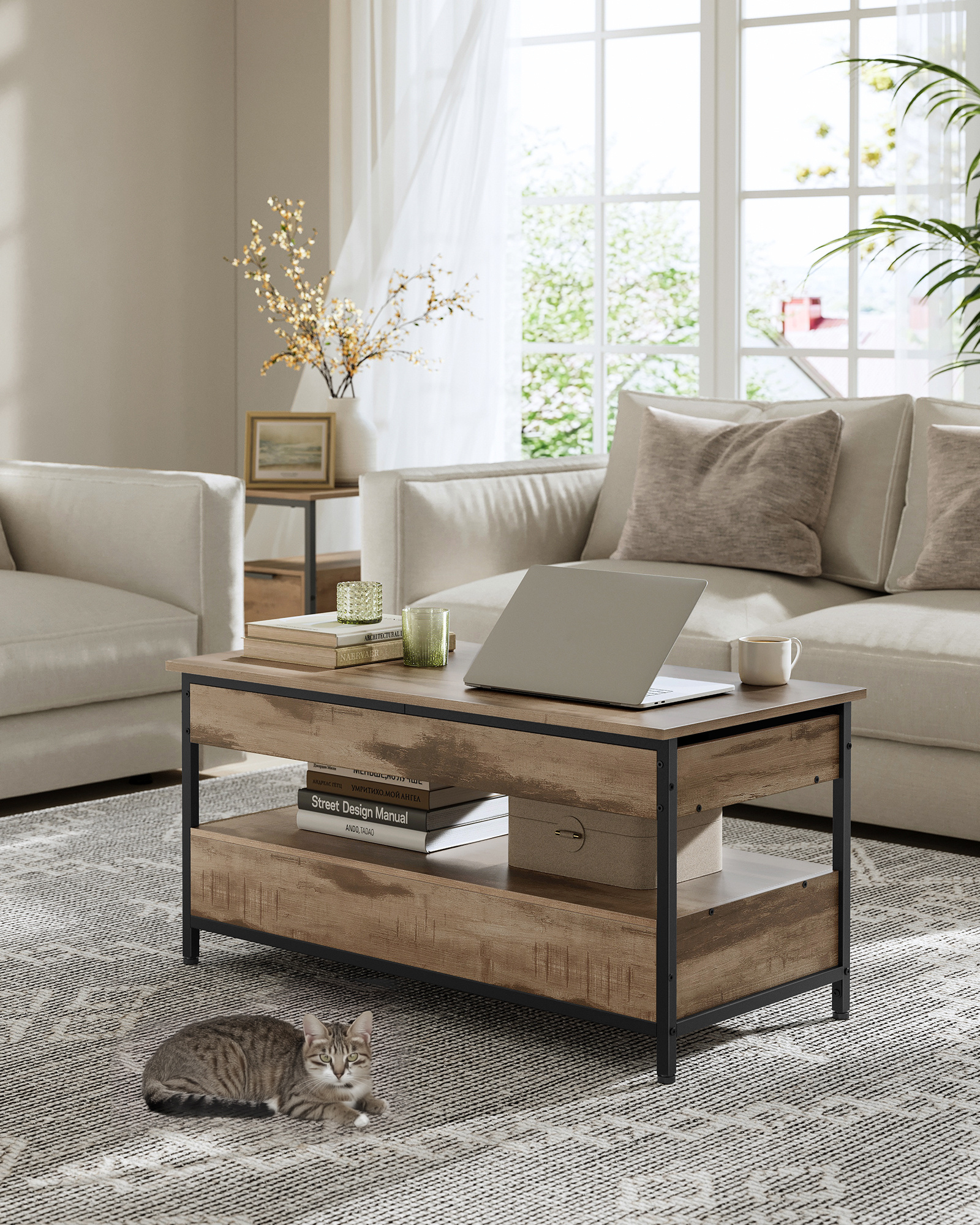 Table Basse Relevable, Table de Salon, avec Tiroirs, Compartiments Cachés et Étagère Ouverte