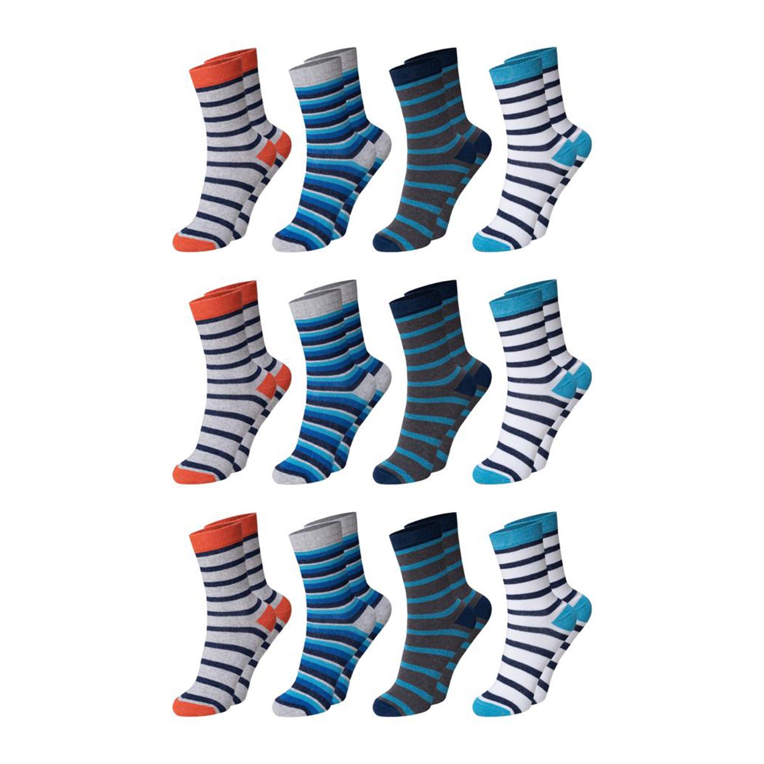 Image of 12 Pairs Of Chili Lifestyle Striped Children's Socks For Boys And Girls, Cotton, Blue, Orange, White, Sizes 23-26 / 27-30 / 31-34