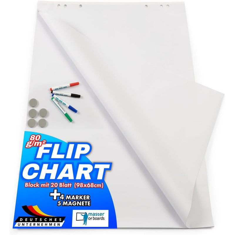 Image of Flipchart Accessories Set By Master Of Boards – 20 Sheets Of Blank Paper Block, 4 Markers, 5 Magnets – Complete Set For Office, School & Home Office