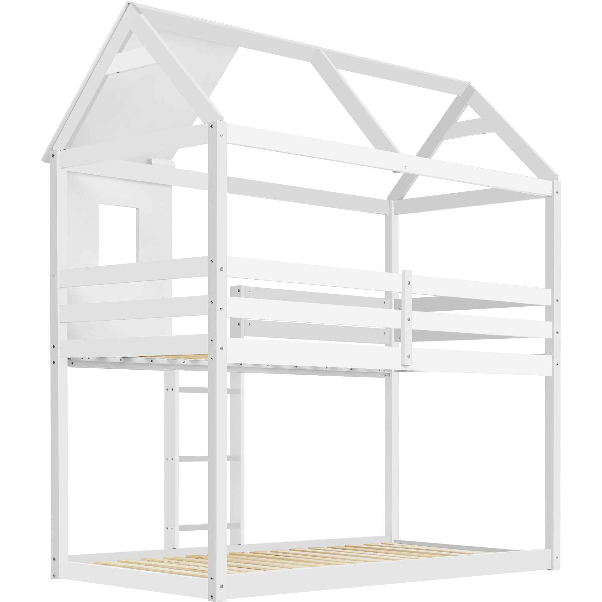 Bunk Bed, Wooden Bunk Beds with Ladder, Bunk Bed Frame, Wood House Loft Bed, Cabin Bed Frame, Treehouse Bed (White, 190x90cm)