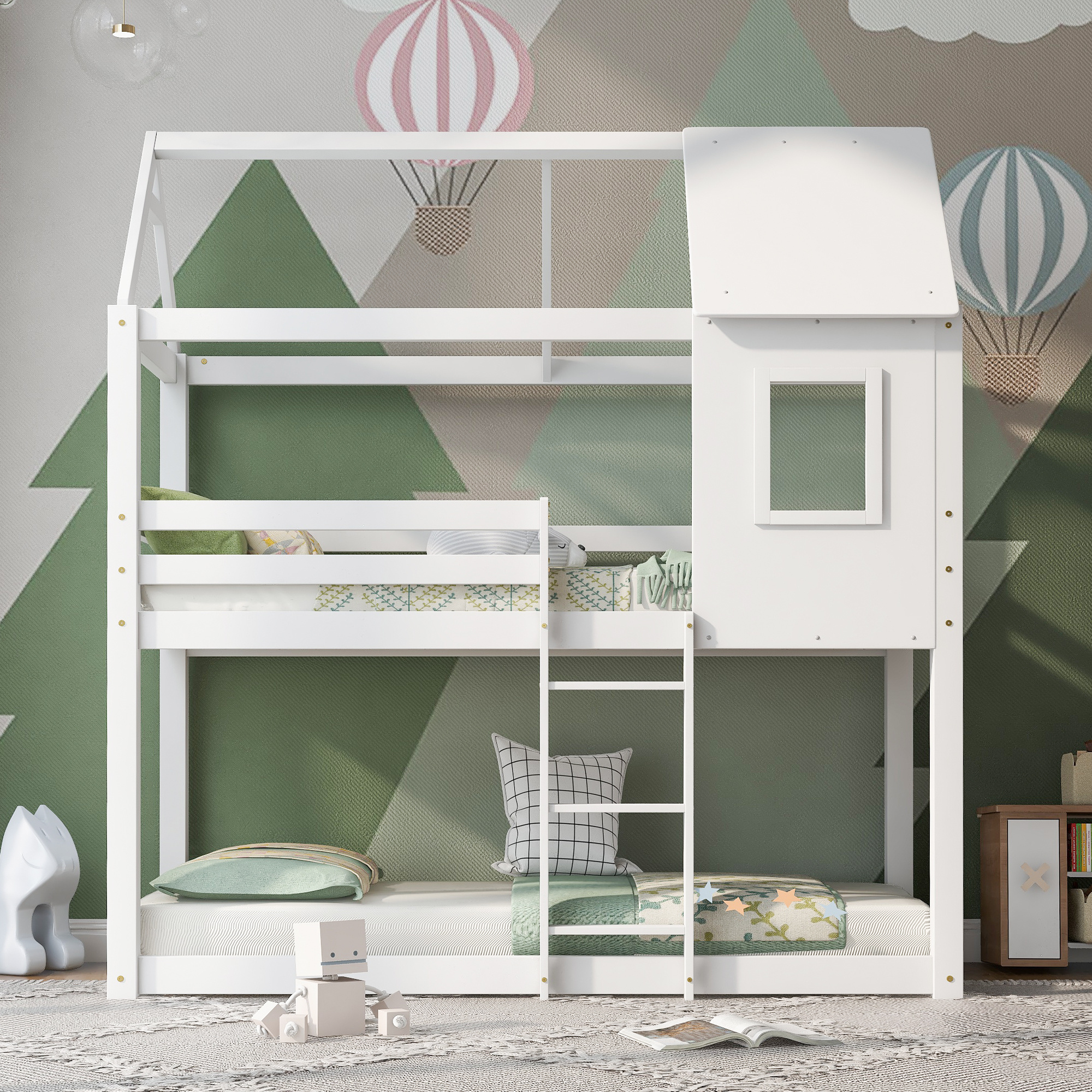 Bunk Bed, Wooden Bunk Beds with Ladder, Bunk Bed Frame, Wood House Loft Bed, Cabin Bed Frame, Treehouse Bed (White, 190x90cm)