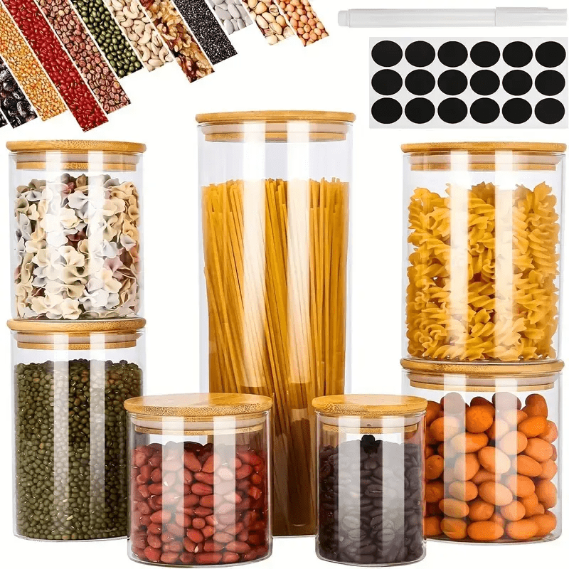 E-shop 7er-Pack, Glasbehälter zum Aufbewahren von Lebensmitteln, luftdicht, aus hochwertigem Borosilikatglas, mit luftdichten Bambus-Holzdeckeln, für