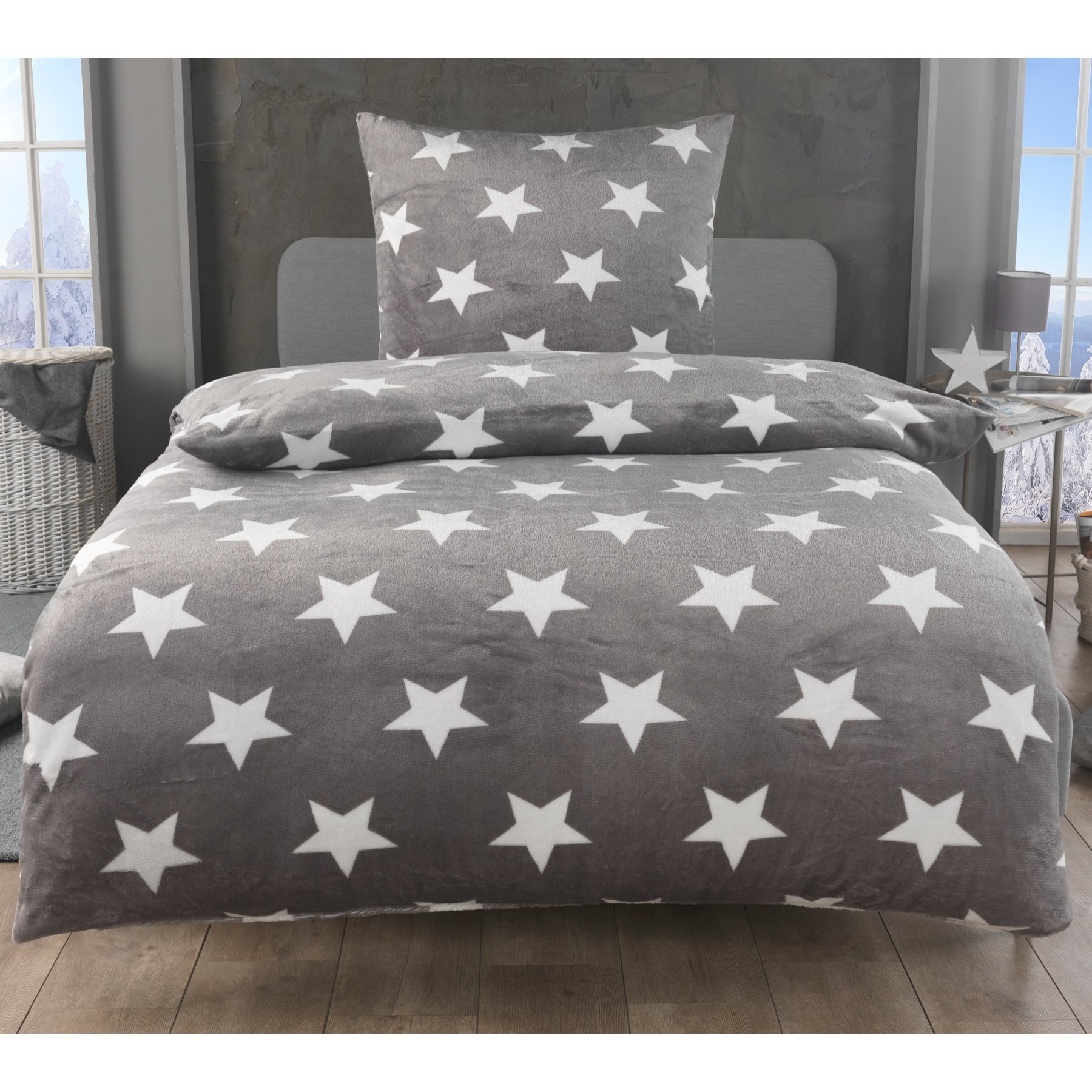 E-shop Plüsch Warme Bettwäsche 135x200 155x220 Sterne Bettbezug Set mit Schickem Sterne Muster, Kopfkissenbezug 80x80 cm, Winter Fleece Bettwäsche mit