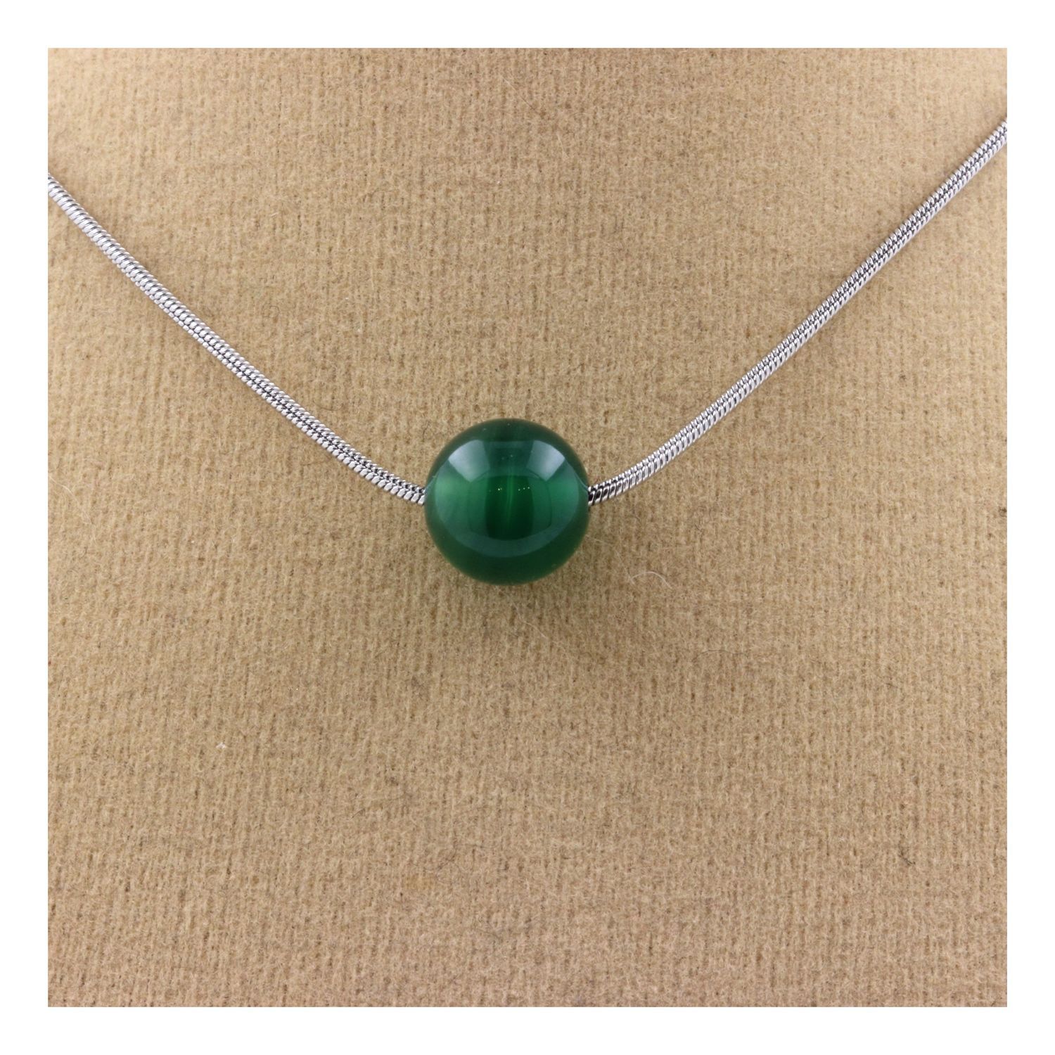 Green Agate 1 Pearl Necklace 8mm Stainless Steel Chain