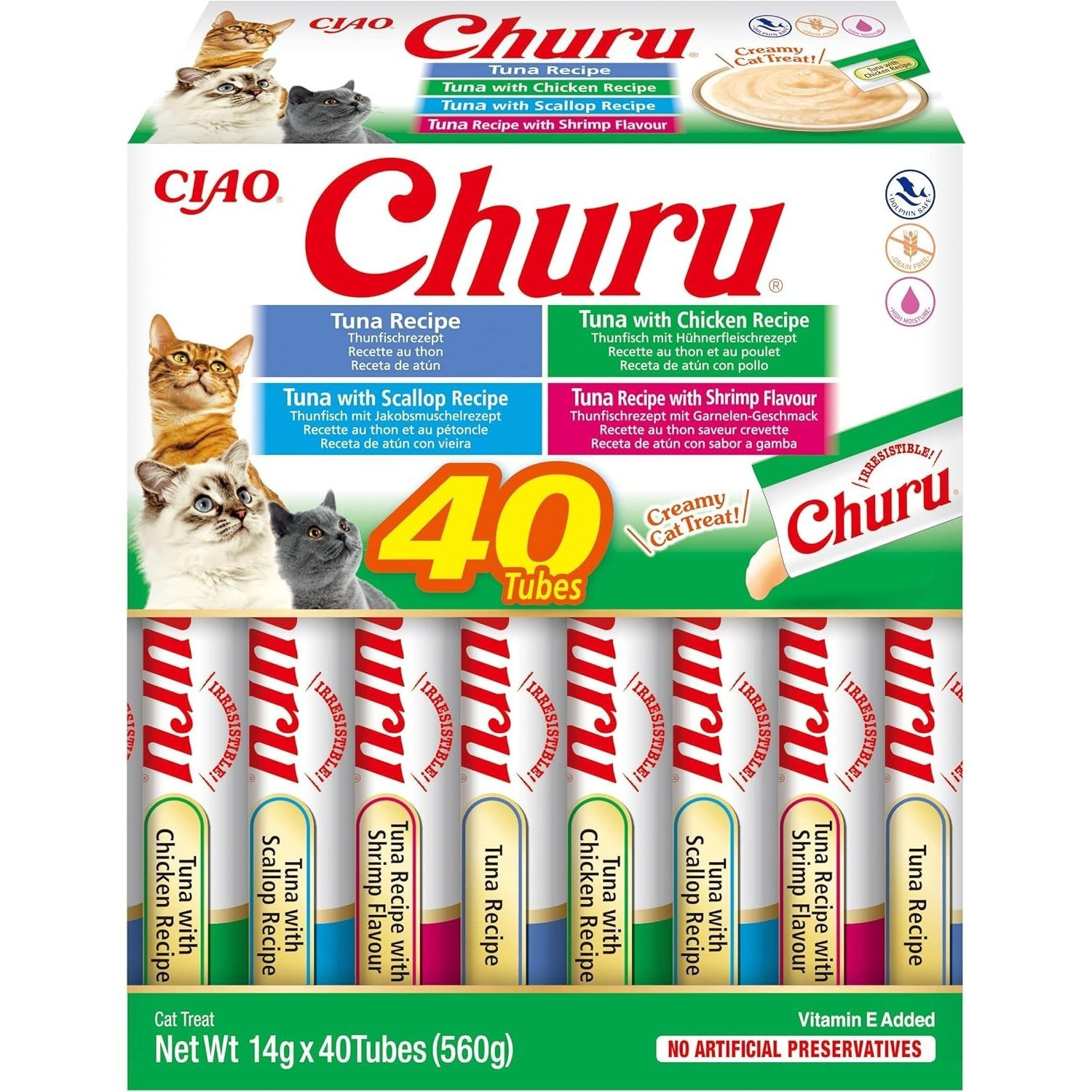 TEMU Churu Box - Cat Treats - Healthy Tuna-based Snacks, Flavors - Creamy Texture - No Grains, Preservatives, Dyes - 40x14g