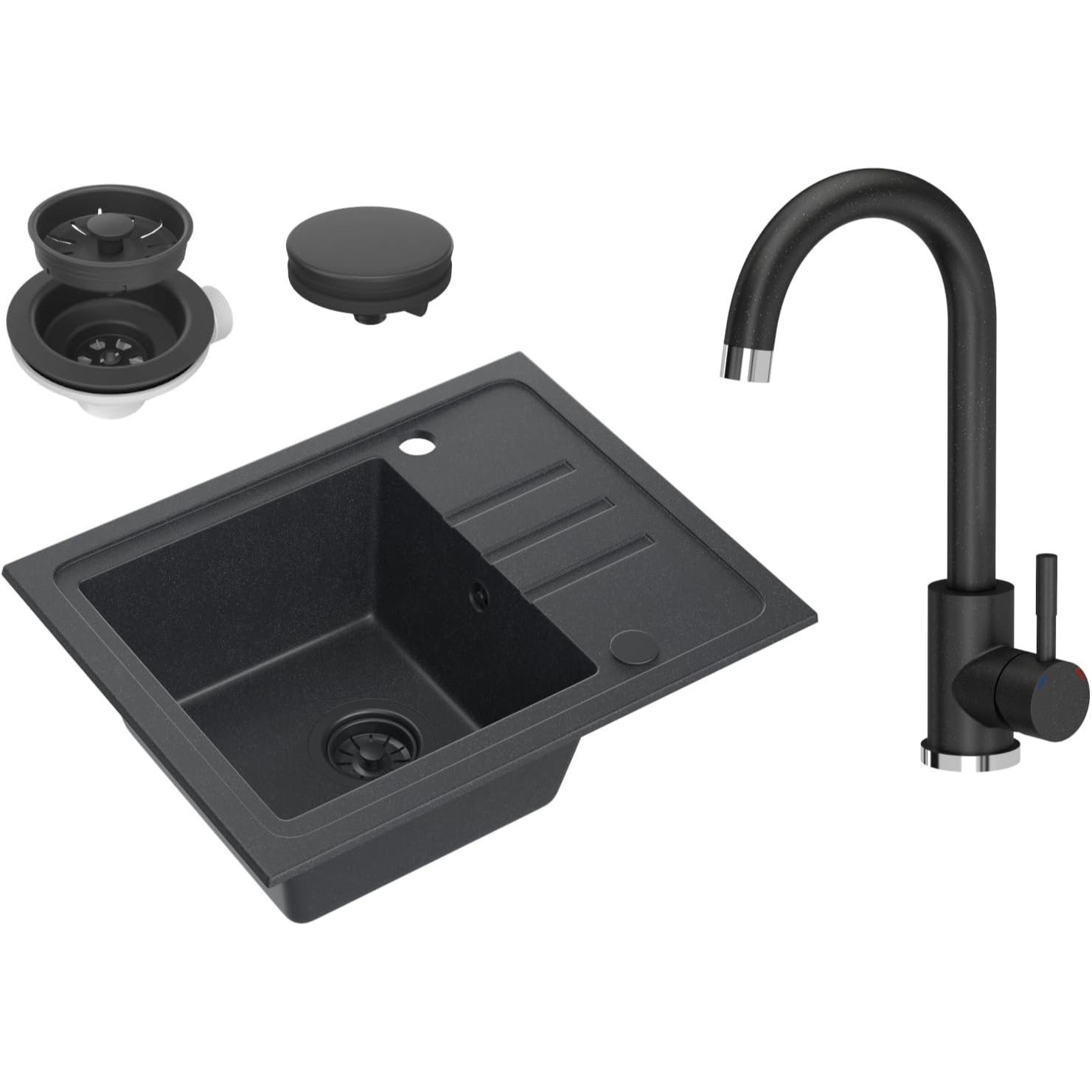 Vbchome Granite Sink, Black, 55x44 Cm, With Faucet And Siphon – Reversible Built-in Sink With Deep Basin, Set For Kitchen Cabinets From