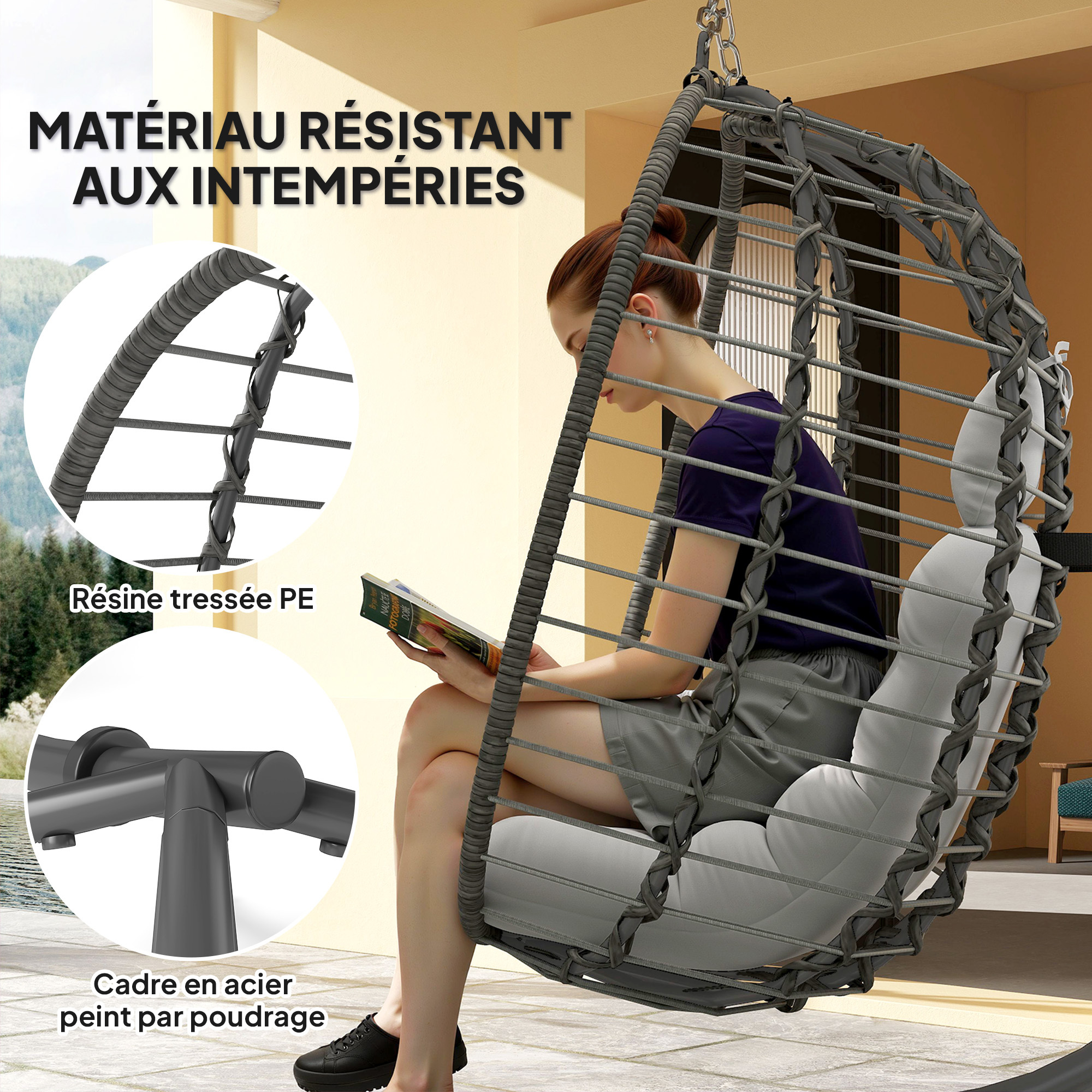 Image of Outsunny Foldable Woven Resin Hanging Chair With Stand, Egg Hanging Chair, Swing Hammock Chair, Cushion And Pillow, Adjustable Height, , Indoor & Outdoor, Grey
