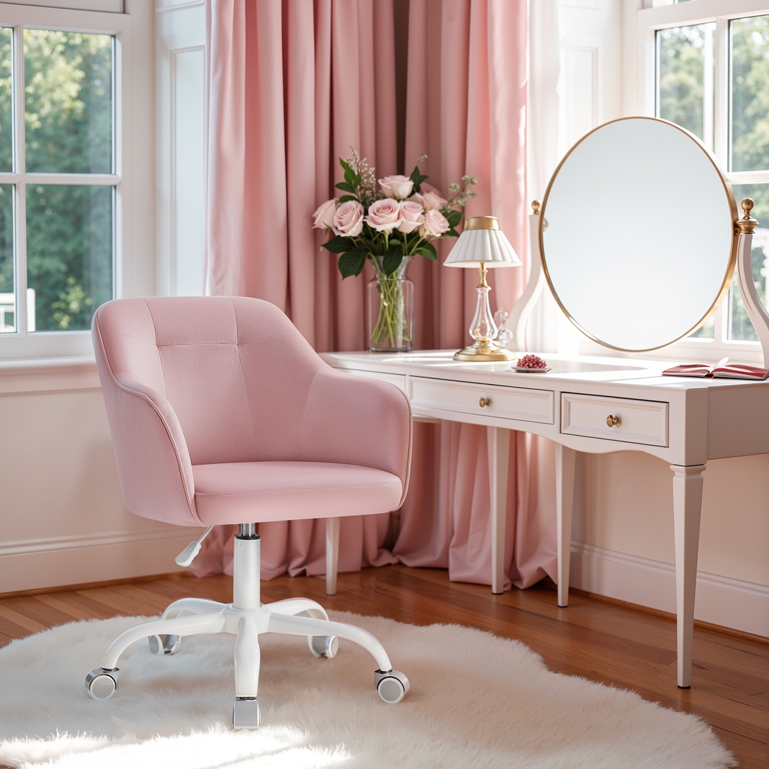Sedia Da Ufficio Regolabile In Altezza – Rivestita In Sherpa Rosa, Schienale Curvo, Portata 150 Kg, Con Ruote E Base A 5 Stelle In Metallo