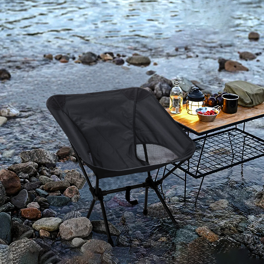 TEMU 1pc Black Compact Folding Chair, Outdoor Breathable Moon Chair, Portable Fishing Chair, Outdoor Portable Chair, Suitable For Outdoor Picnics,