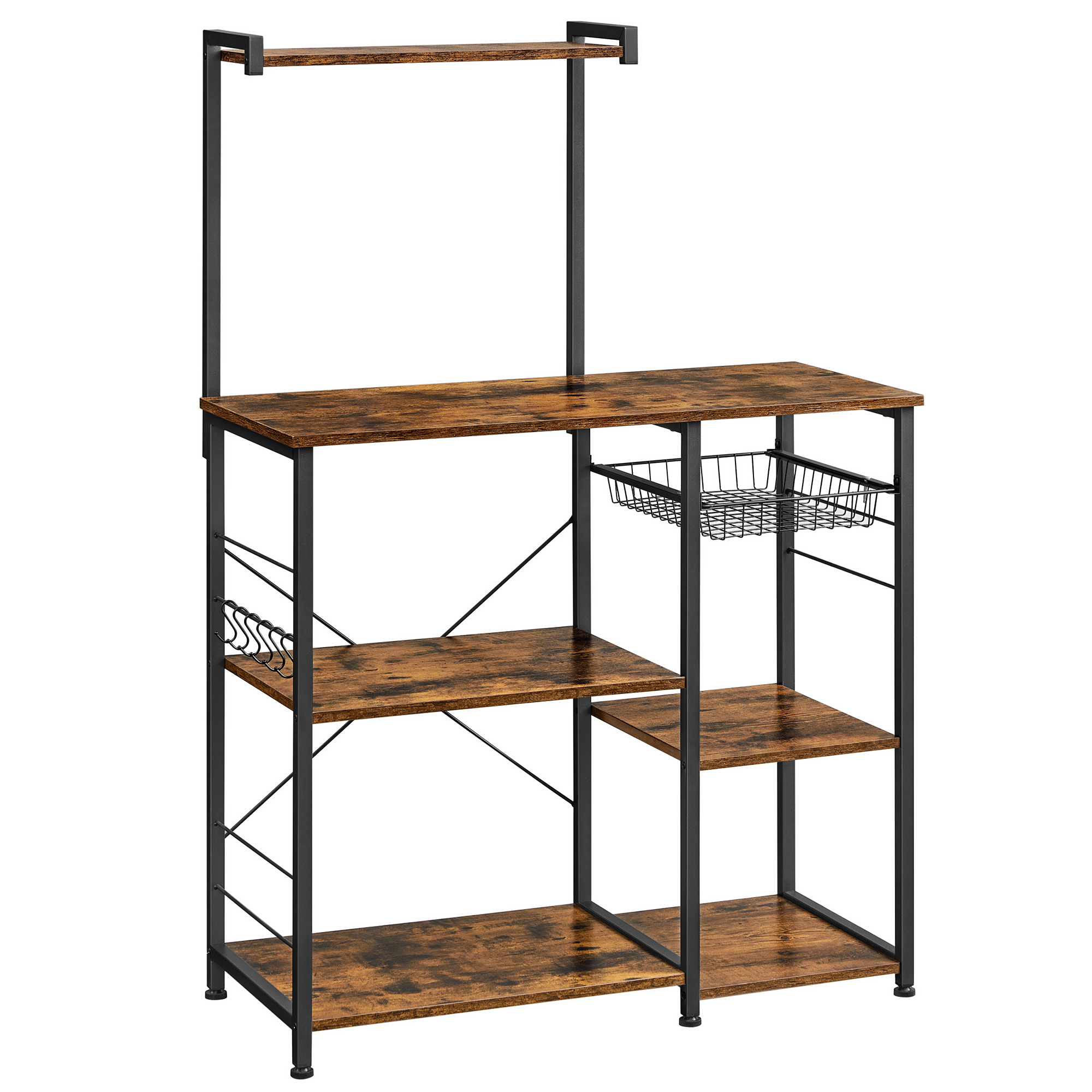 E-shop Küchenregal, Standregal, Bäckerregal mit Metallkorb, 6 Haken, Mikrowellenregal
