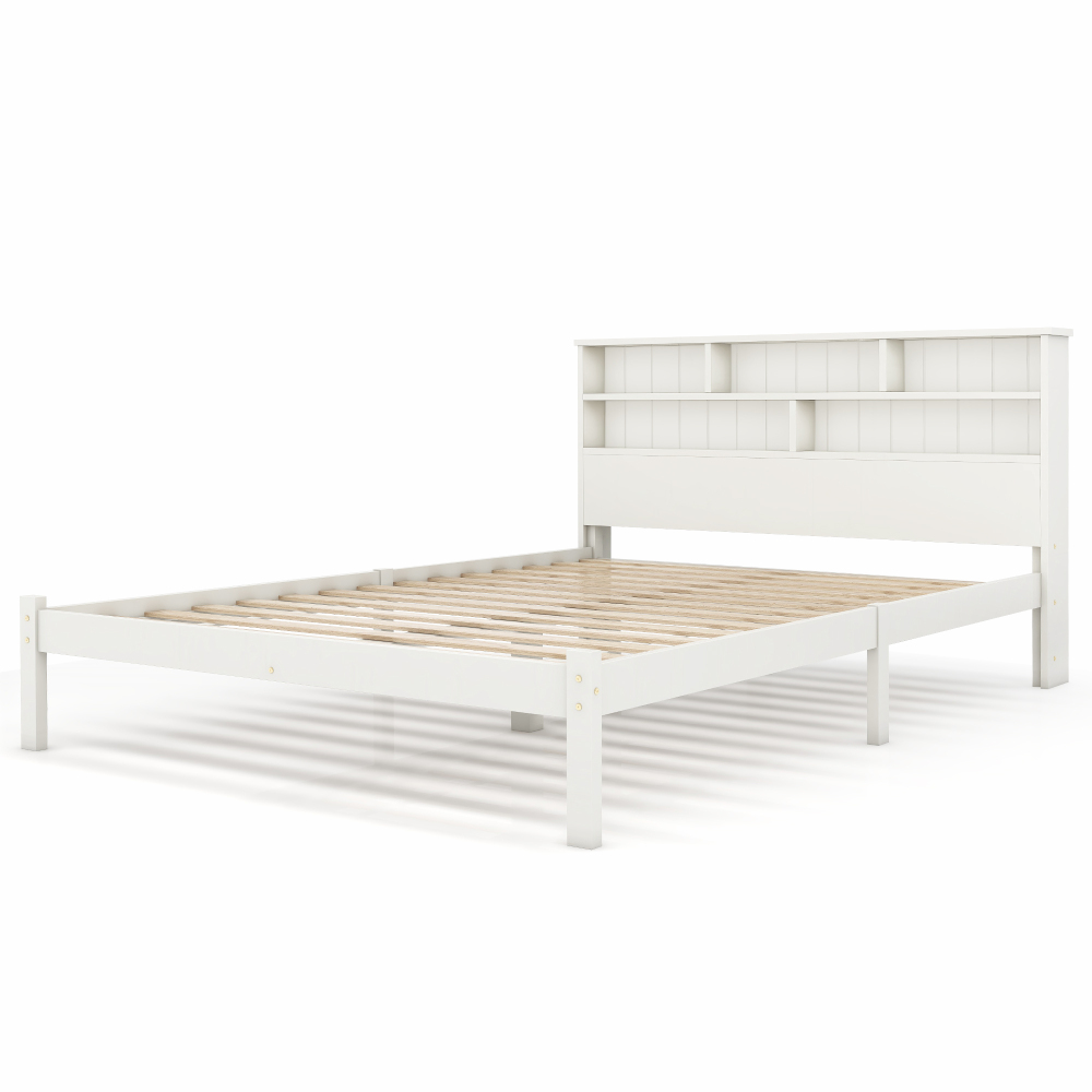 Bed with Shelves, White Wooden Storage Bed, Underbed Drawer - 3FT Single (90 x 190 cm) Frame Only