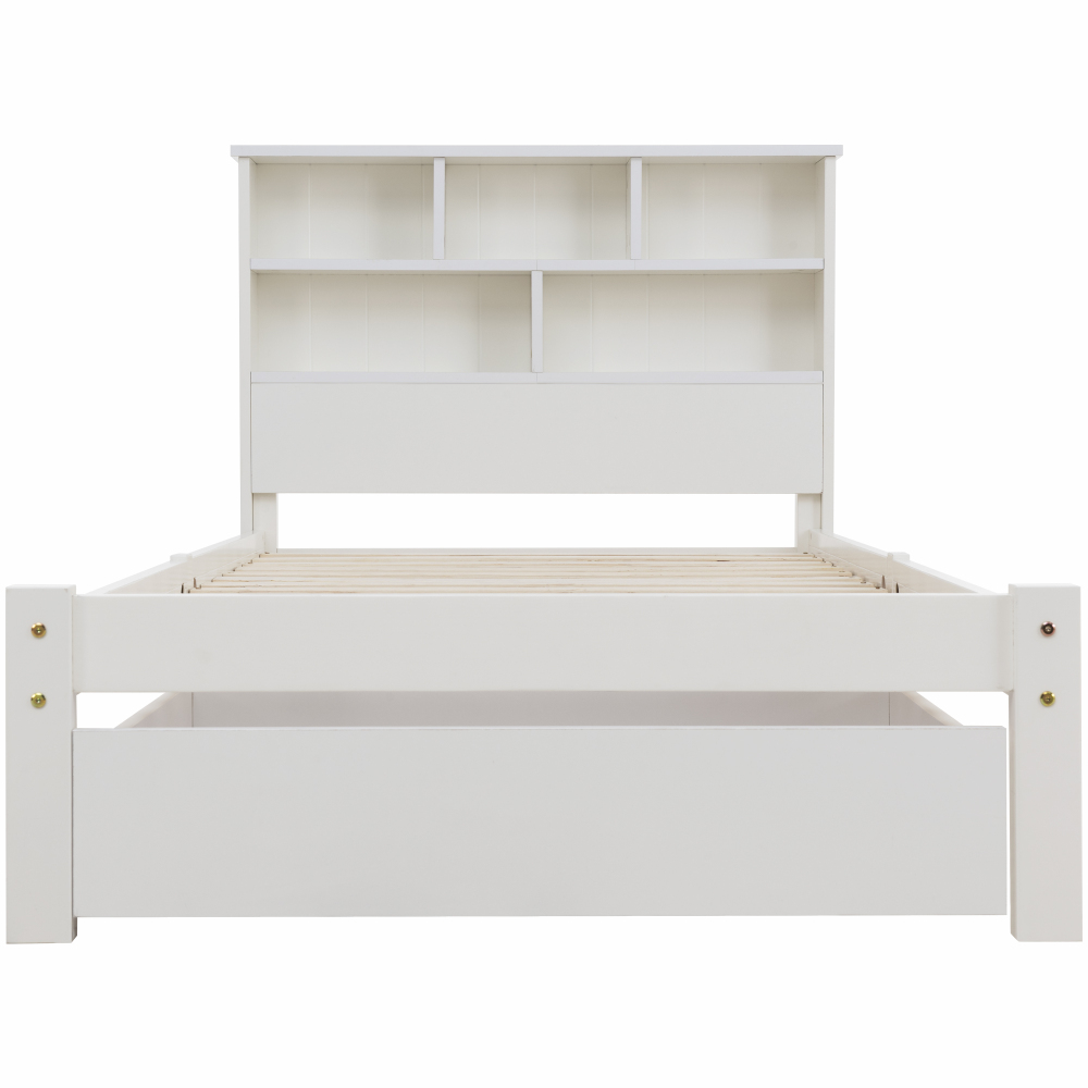 Bed with Shelves, White Wooden Storage Bed, Underbed Drawer - 3FT Single (90 x 190 cm) Frame Only