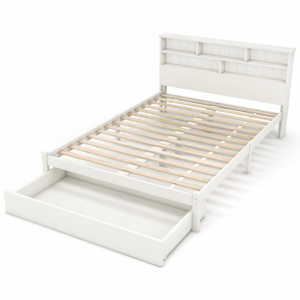 Bed with Shelves, White Wooden Storage Bed, Underbed Drawer - 3FT Single (90 x 190 cm) Frame Only