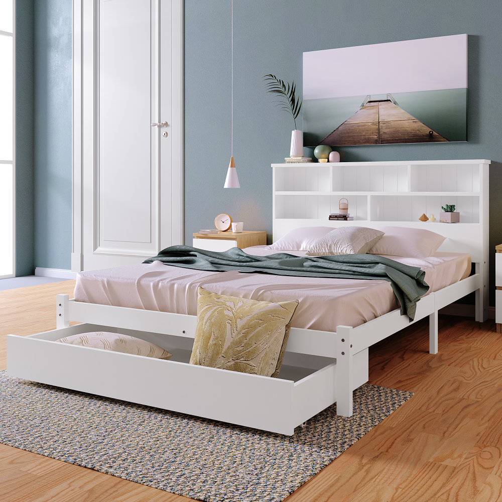 Bed with Shelves, White Wooden Storage Bed, Underbed Drawer - 3FT Single (90 x 190 cm) Frame Only