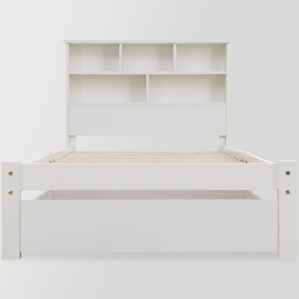 Bed with Shelves, White Wooden Storage Bed, Underbed Drawer - 3FT Single (90 x 190 cm) Frame Only