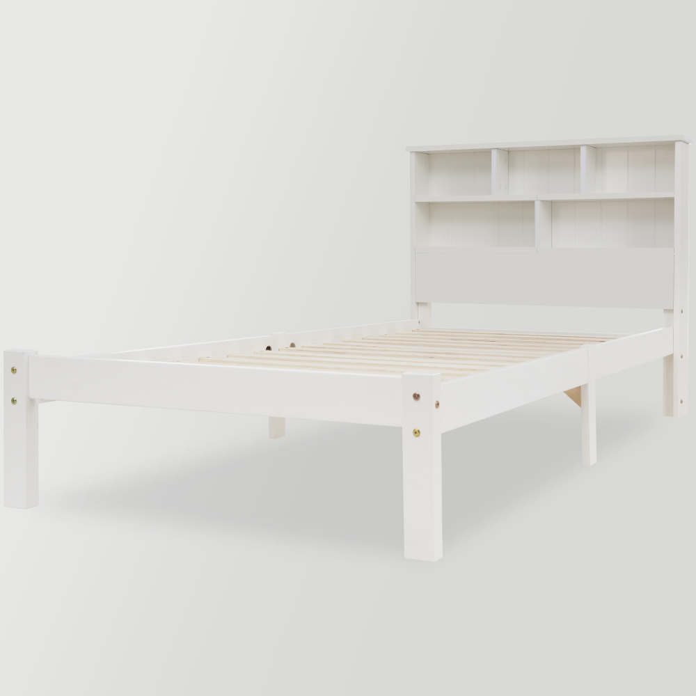 Bed with Shelves, White Wooden Storage Bed, Underbed Drawer - 3FT Single (90 x 190 cm) Frame Only