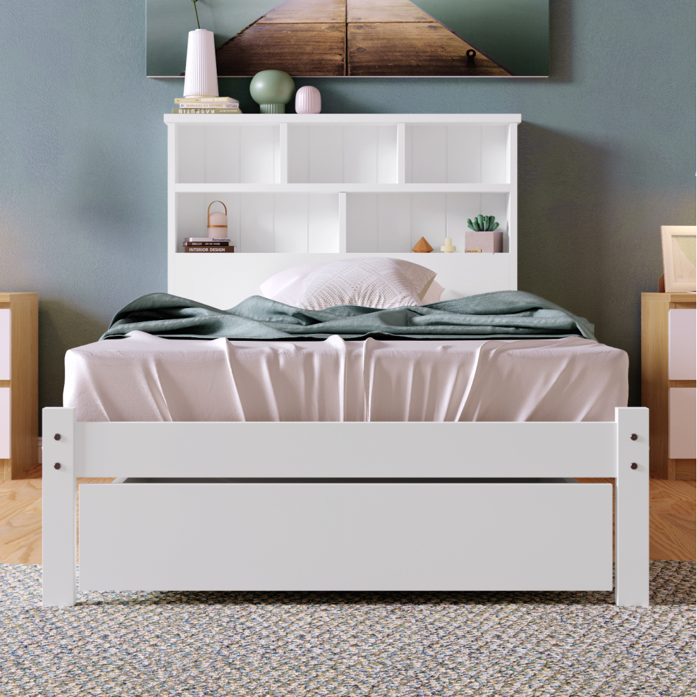 Bed with Shelves, White Wooden Storage Bed, Underbed Drawer - 3FT Single (90 x 190 cm) Frame Only